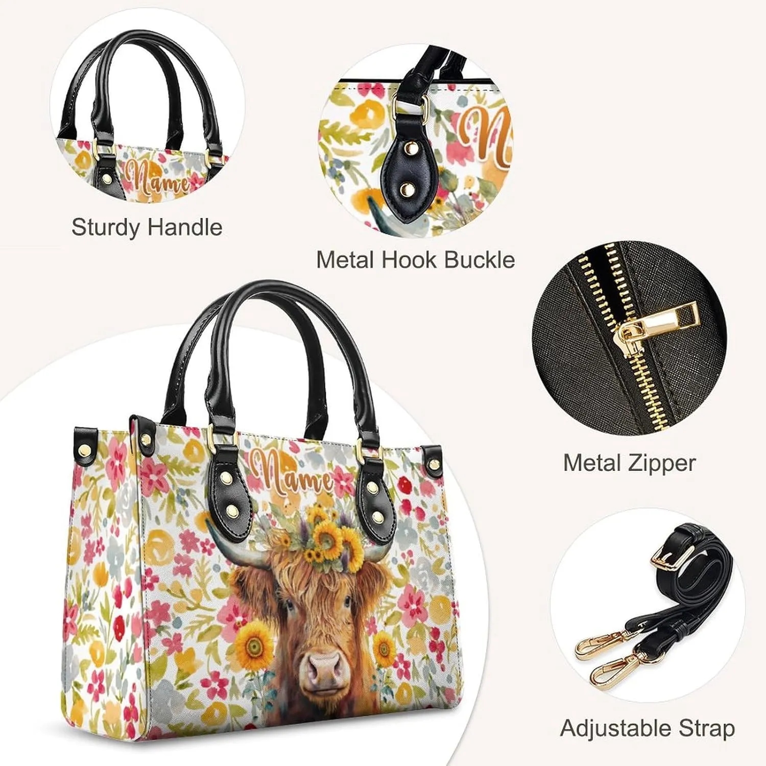 Personalized Leather Handbag for Women, Highland Cow Tote Bag, Casual Sunflower Crossbody Top-Handle Bag, Gifts for Women