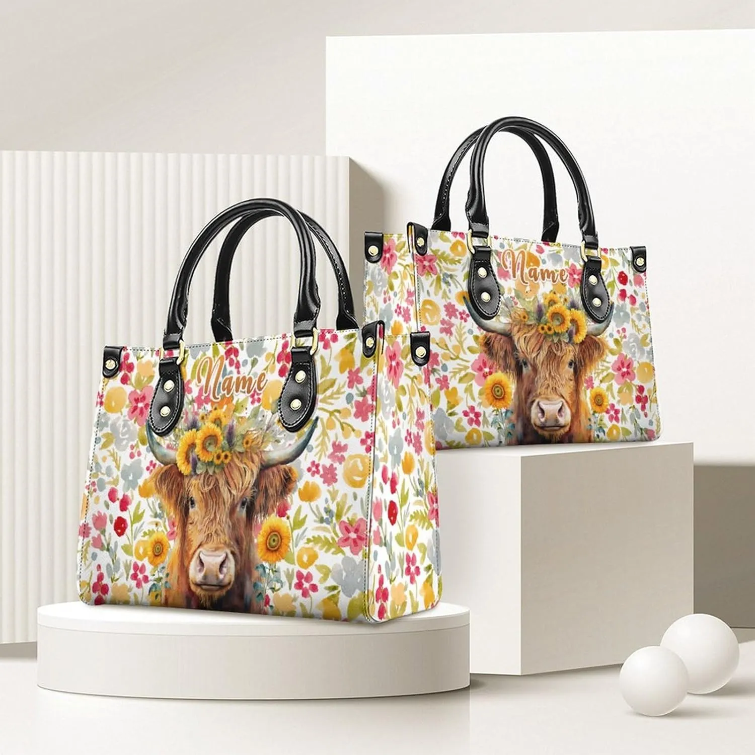 Personalized Leather Handbag for Women, Highland Cow Tote Bag, Casual Sunflower Crossbody Top-Handle Bag, Gifts for Women