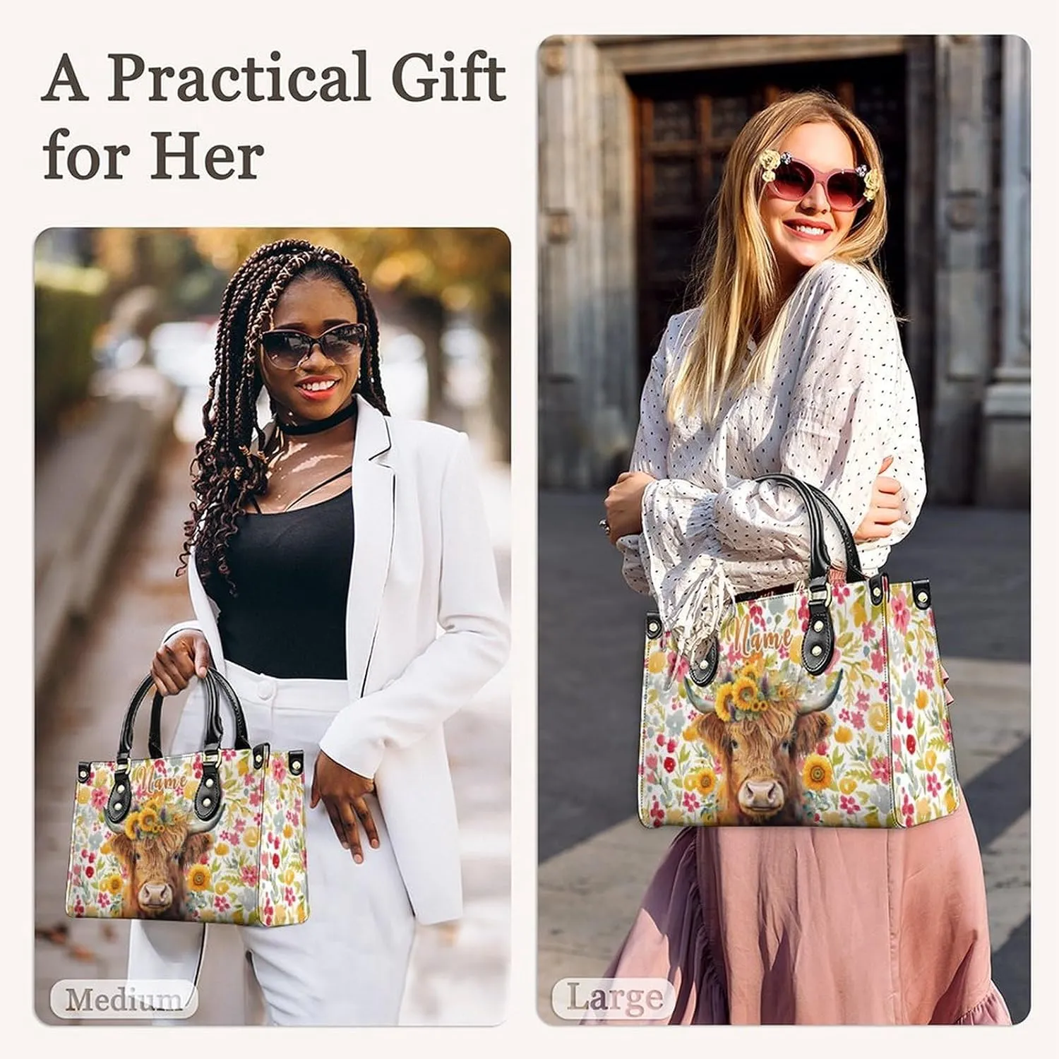 Personalized Leather Handbag for Women, Highland Cow Tote Bag, Casual Sunflower Crossbody Top-Handle Bag, Gifts for Women