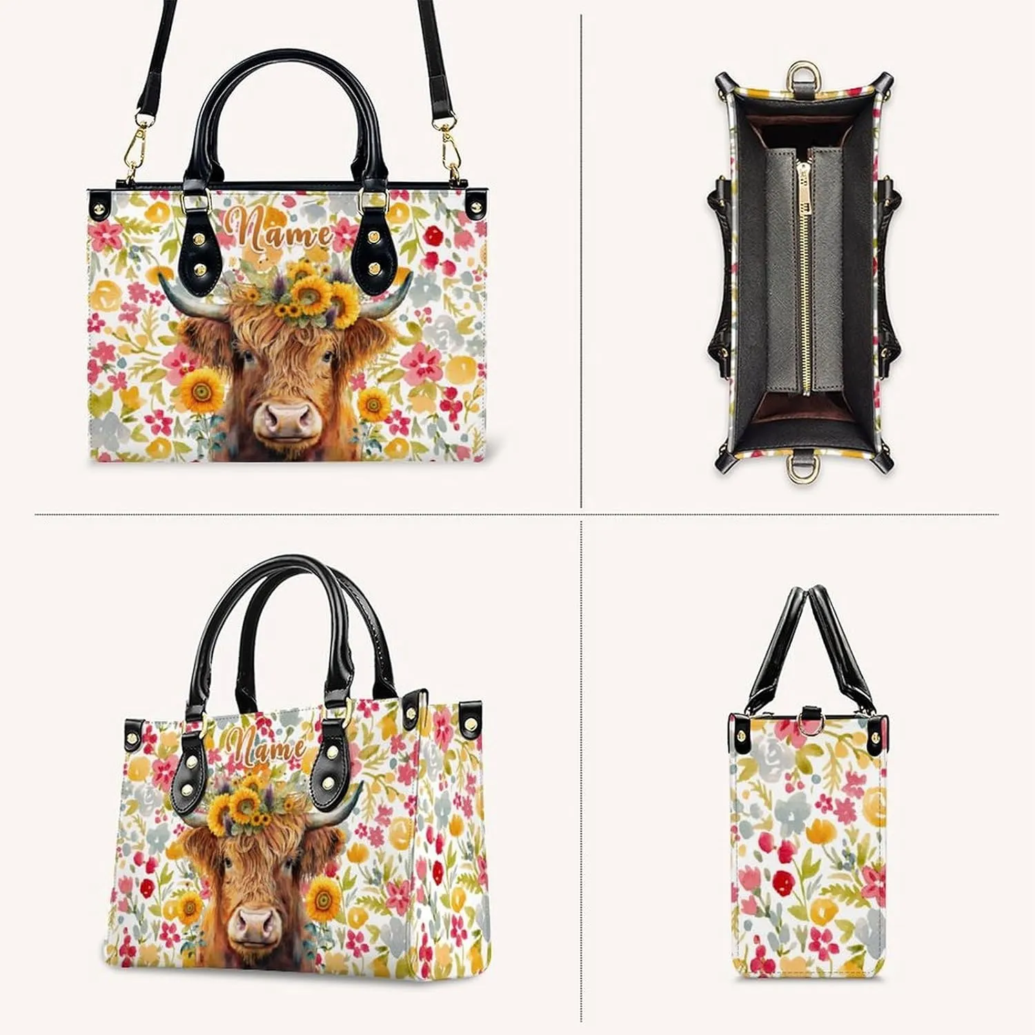 Personalized Leather Handbag for Women, Highland Cow Tote Bag, Casual Sunflower Crossbody Top-Handle Bag, Gifts for Women