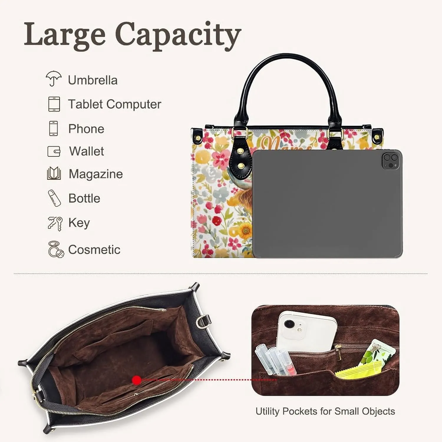 Personalized Leather Handbag for Women, Highland Cow Tote Bag, Casual Sunflower Crossbody Top-Handle Bag, Gifts for Women