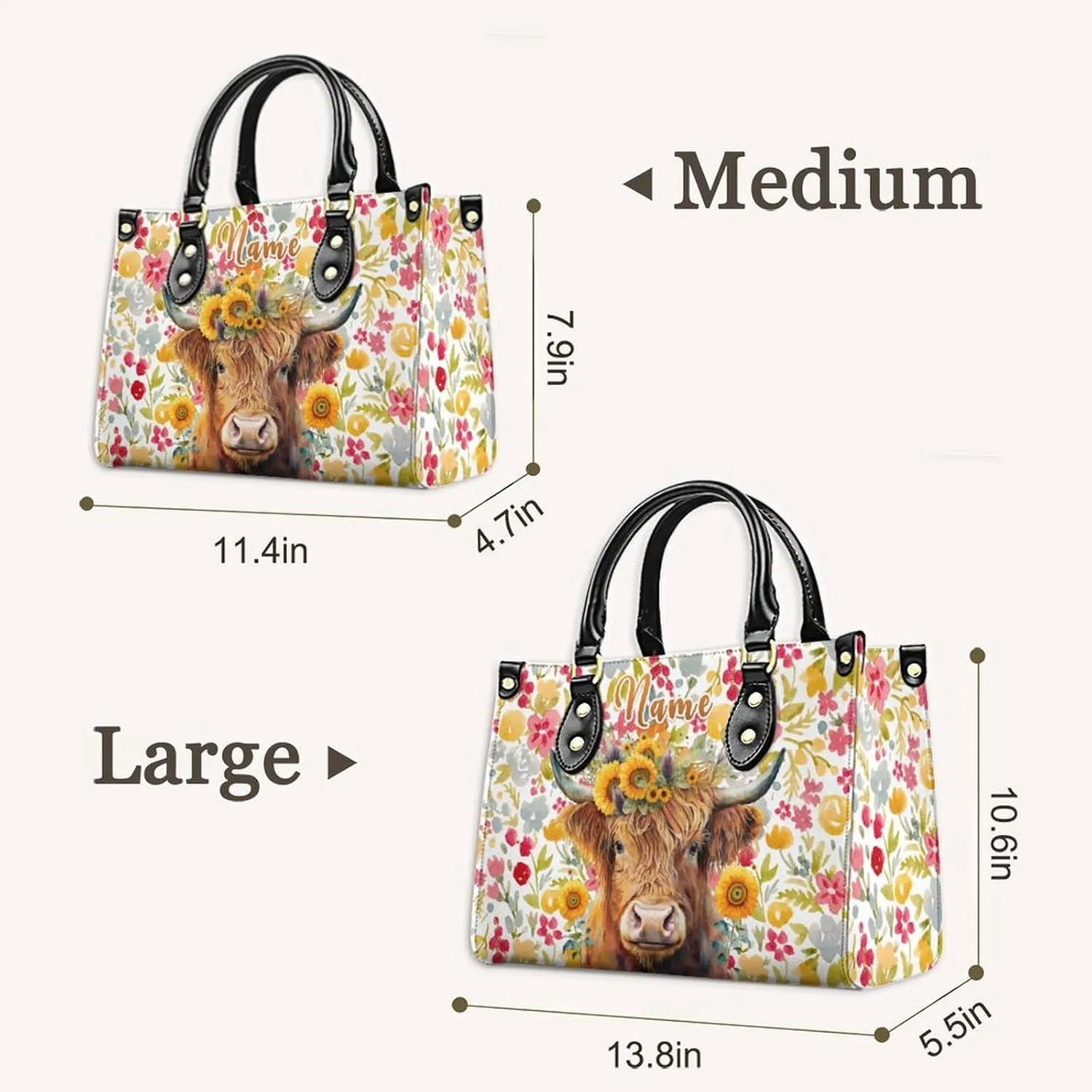 Personalized Leather Handbag for Women, Highland Cow Tote Bag, Casual Sunflower Crossbody Top-Handle Bag, Gifts for Women