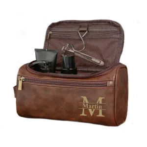 Personalized Leather Toiletry Bag, Custom Leather Groomsmen Gift Bag with Hook Name Laser Engraved Mens Travel Dopp Kit Gift for Boyfriends Dad Husband (Style 2)