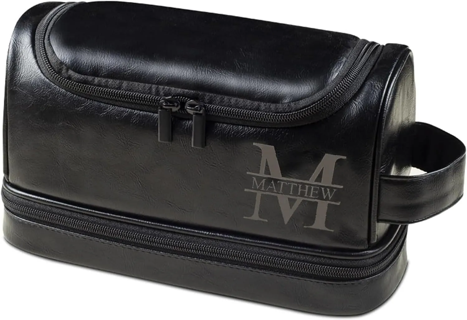 Personalized Leather Toiletry Bag, Customizable Name Men's Hanging Travel Toiletry Bag with Handles Dopp Kit Anniversary Birthday Present for Men Women (Black)
