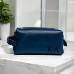 Personalized Leather Toiletry Bag for Men | Dopp Kit Gift with Monogram Option | Custom Engraved Leather Travel Accessory for Groomsmen Father Dad (Dark Blue, Large (8" * 4" * 4"))