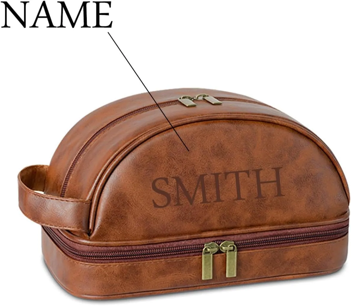 Personalized Leather Toiletry Bag for Men, Engraved Name, Customized Gift for Birthday, Dad, Husband, Grandpa, Lover, Groomsmen, Travel & Toiletry Use (Red Brown)