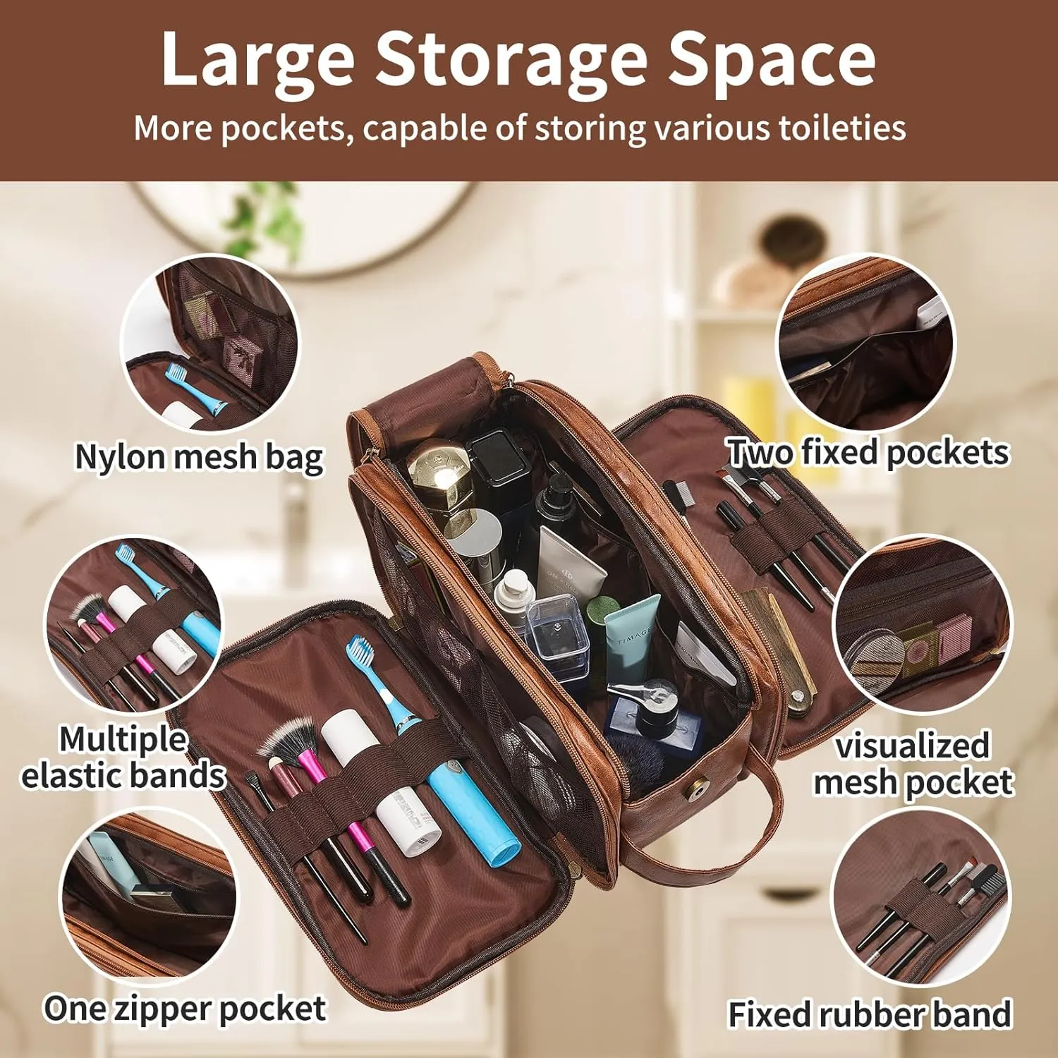 Personalized Leather Toiletry Bag for Men, Large Capacity Toiletry Travel Bag, PU Leather Waterproof Shaving Dopp Kit, Travel Essentials Customized Gifts for Husband, Groomsmen, Father's Day (Style 5)