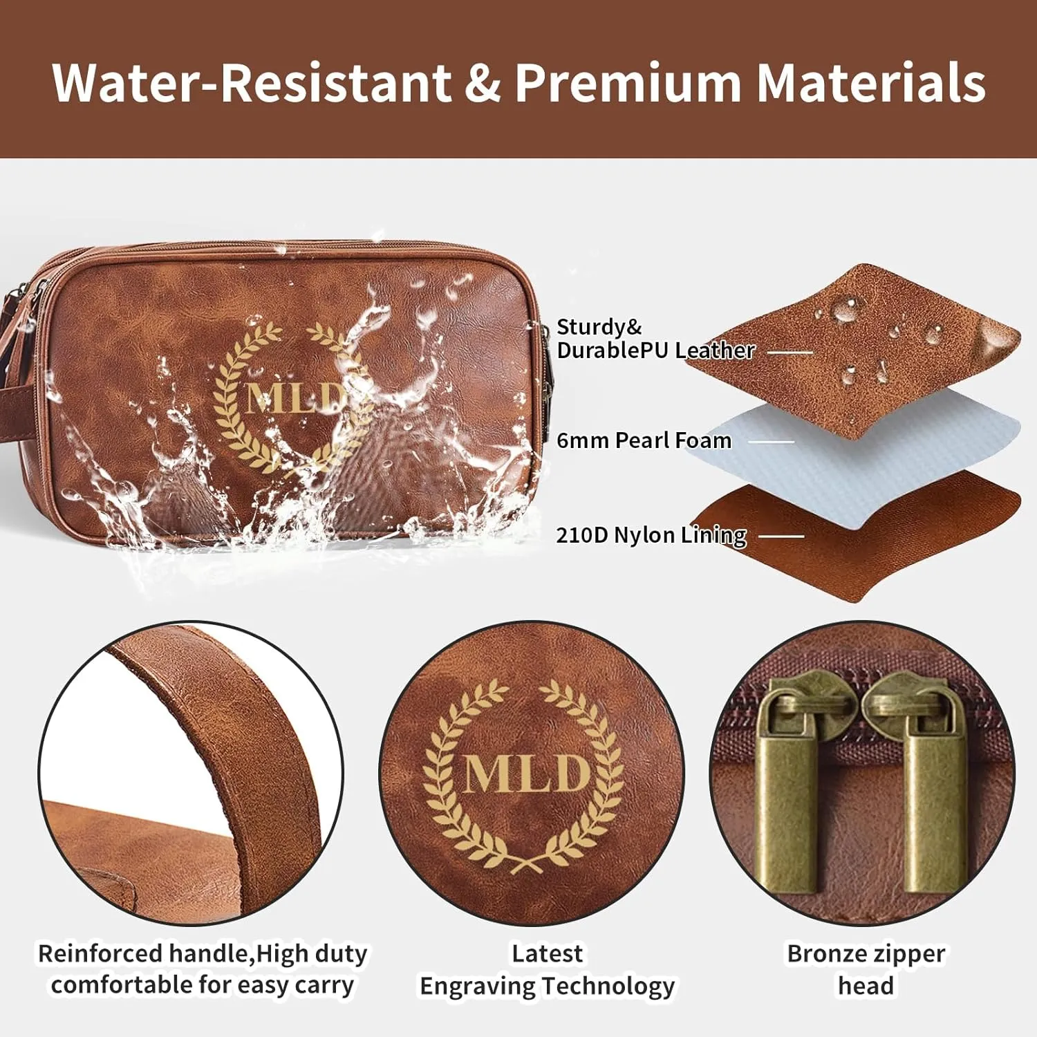 Personalized Leather Toiletry Bag for Men, Large Capacity Toiletry Travel Bag, PU Leather Waterproof Shaving Dopp Kit, Travel Essentials Customized Gifts for Husband, Groomsmen, Father's Day (Style 5)