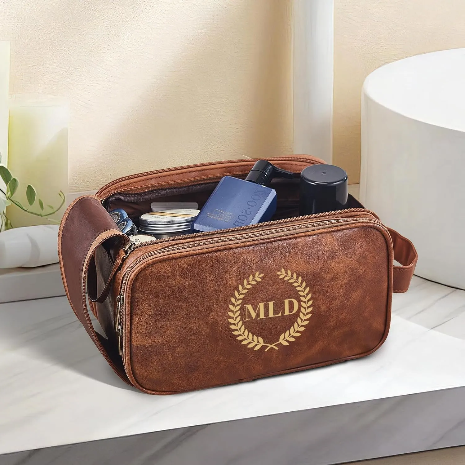 Personalized Leather Toiletry Bag for Men, Large Capacity Toiletry Travel Bag, PU Leather Waterproof Shaving Dopp Kit, Travel Essentials Customized Gifts for Husband, Groomsmen, Father's Day (Style 5)