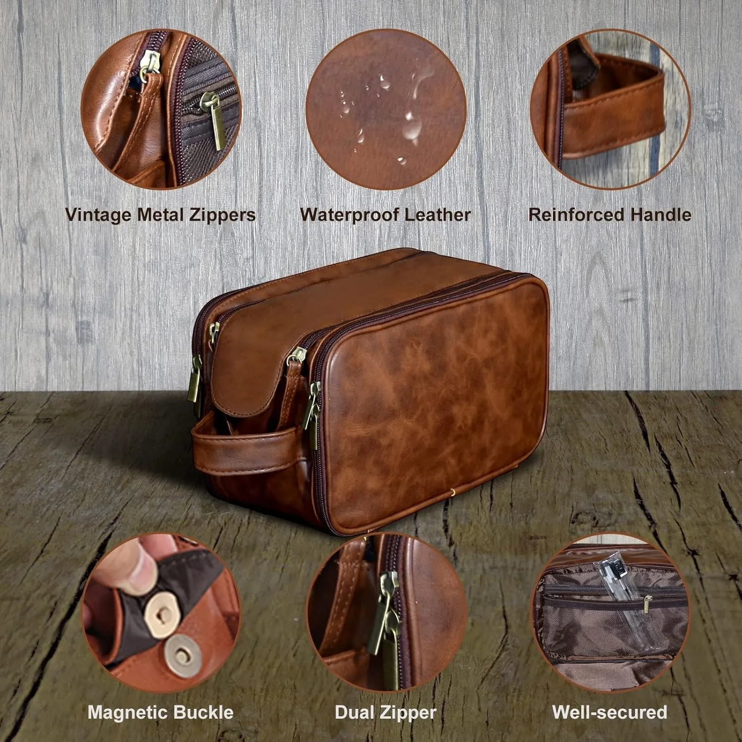 Personalized Leather Toiletry Bag for Men, Large Capacity Toiletry Travel Bag, PU Leather Waterproof Shaving Dopp Kit, Travel Essentials Customized Gifts for Husband, Groomsmen, Father's Day