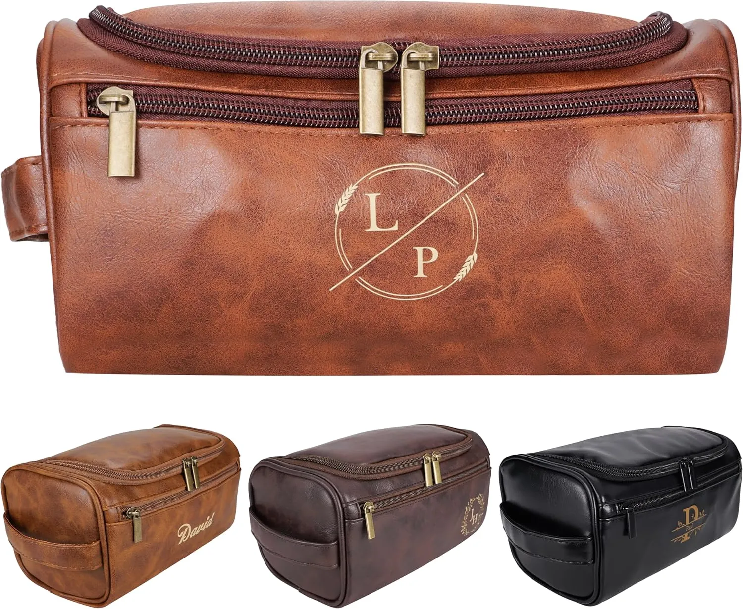 Personalized Leather Toiletry Bag for Men–Custom with Name & Initials,Perfect for Shaving and Travel Storage,Gift for Men– Anniversary, Birthday or Groomsmen Gifts - Reddish Brown