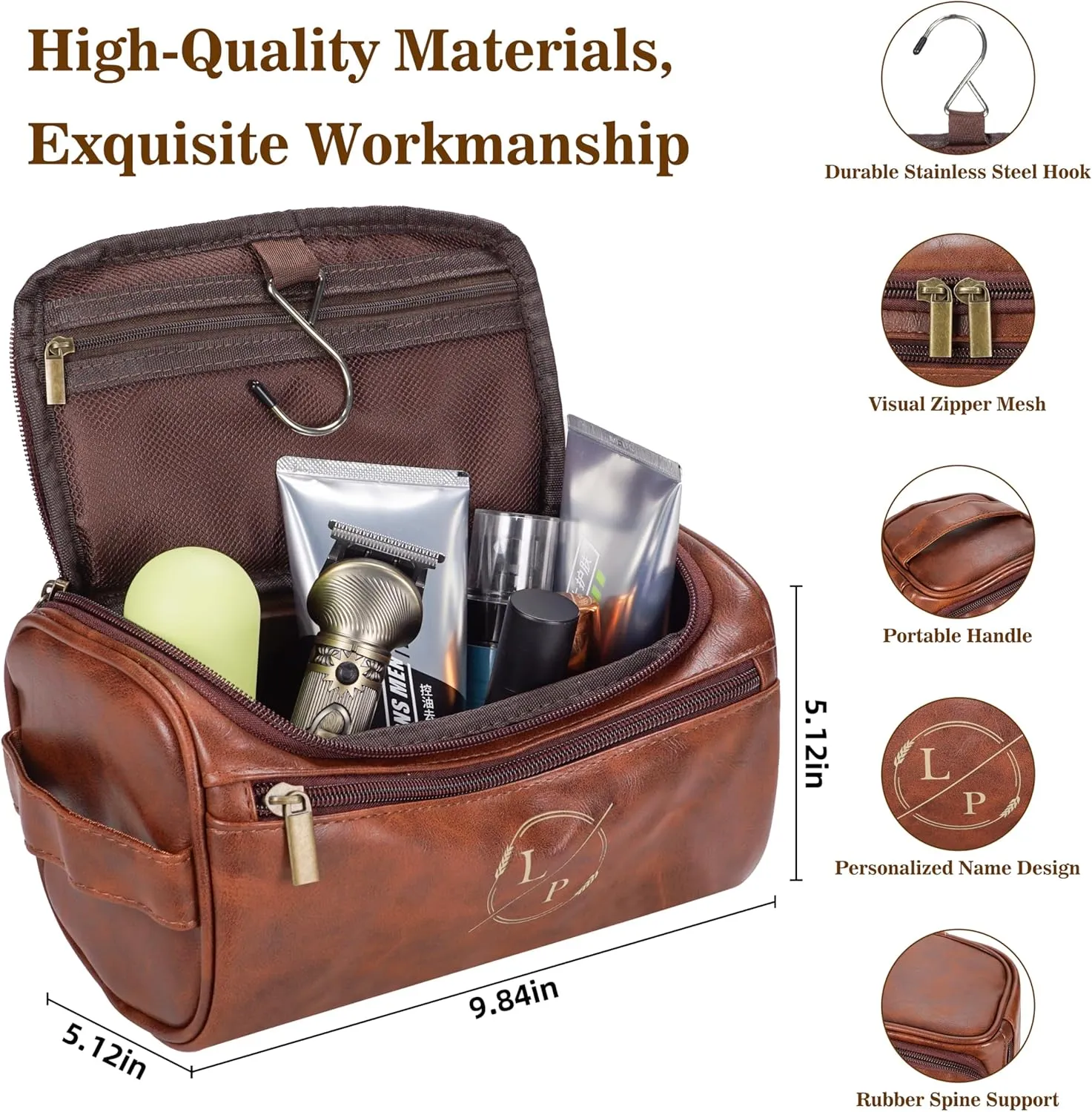 Personalized Leather Toiletry Bag for Men–Custom with Name & Initials,Perfect for Shaving and Travel Storage,Gift for Men– Anniversary, Birthday or Groomsmen Gifts - Reddish Brown