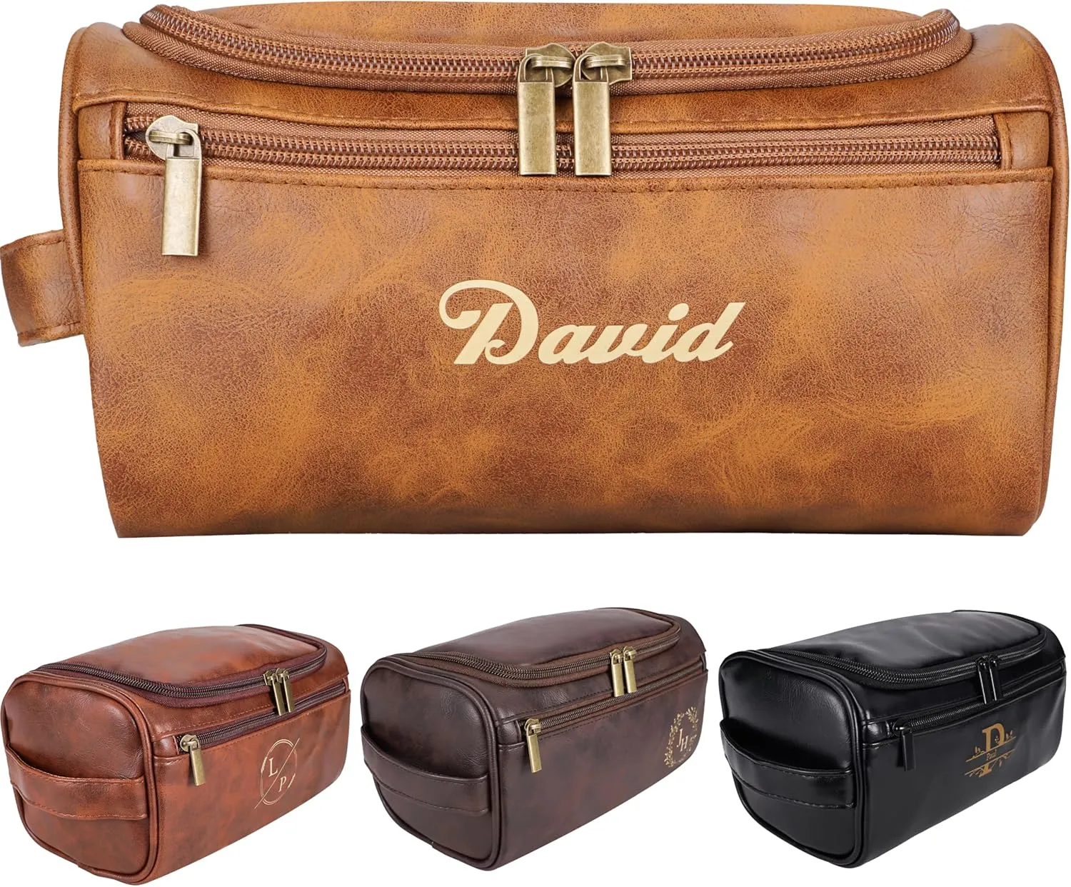 Personalized Leather Toiletry Bag for Men–Custom with Name & Initials,Perfect for Shaving and Travel Storage,Gift for Men– Anniversary, Birthday or Groomsmen Gifts - Yellowish Brown