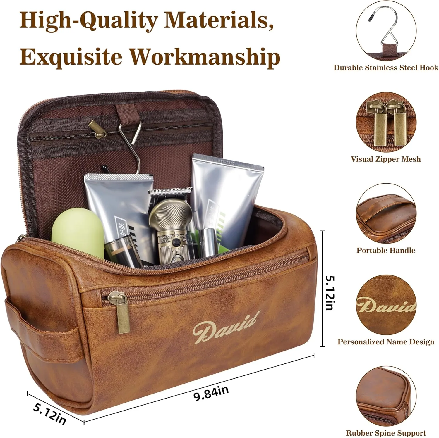 Personalized Leather Toiletry Bag for Men–Custom with Name & Initials,Perfect for Shaving and Travel Storage,Gift for Men– Anniversary, Birthday or Groomsmen Gifts - Yellowish Brown