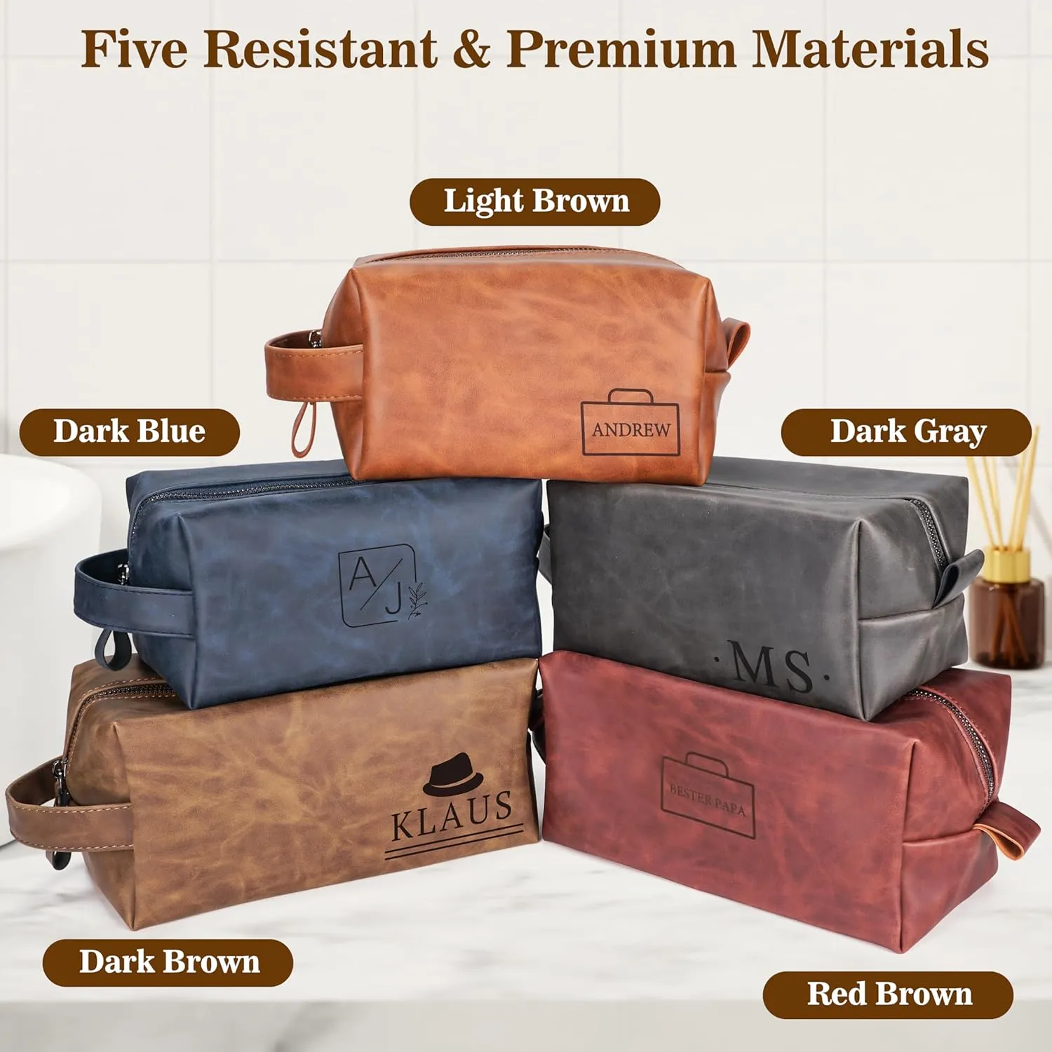 Personalized Leather Toiletry Bag for Men,Personalized with Laser Engraved Monogram,Premium Leather Dopp Kit,Travel Toiletry Bag – Gift for Men（DBrown L