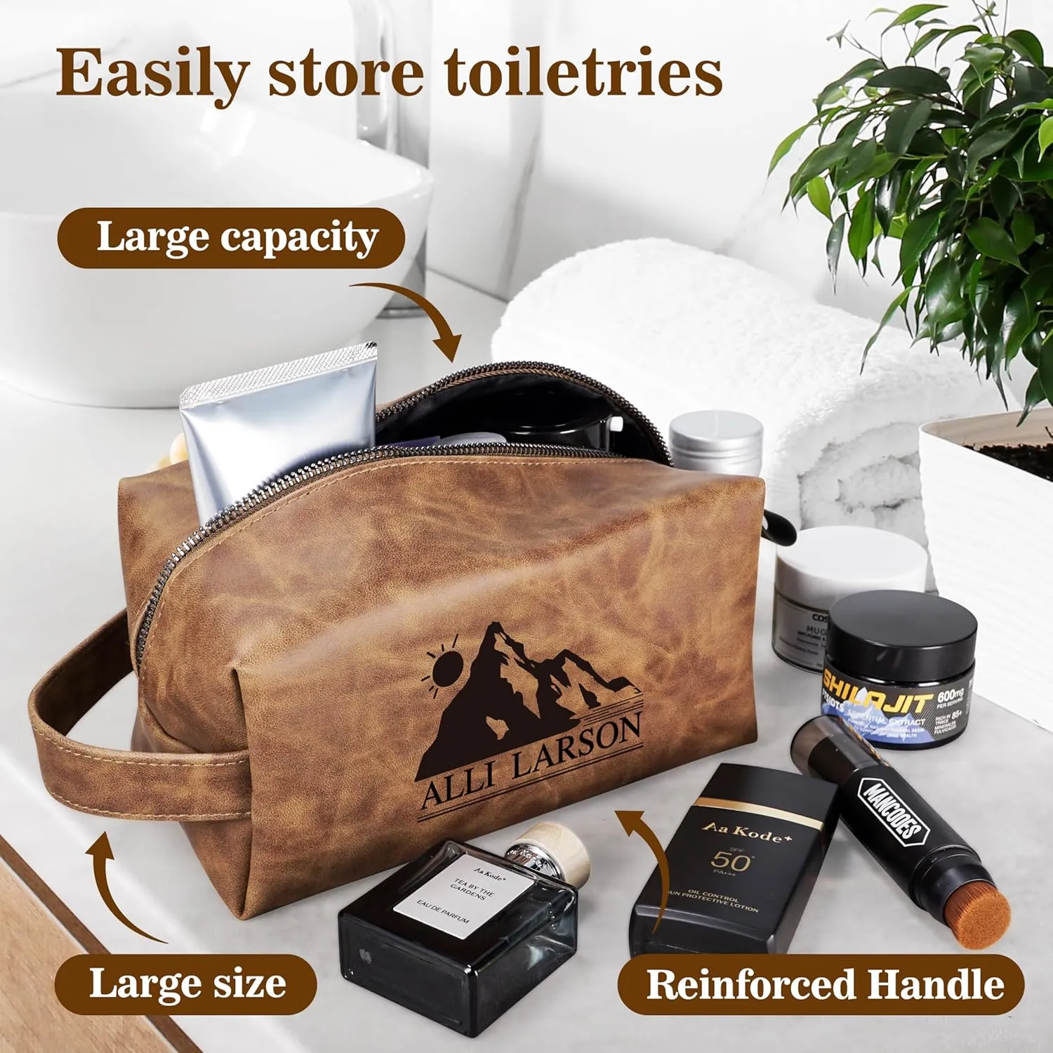 Personalized Leather Toiletry Bag for Men,Personalized with Laser Engraved Monogram,Premium Leather Dopp Kit,Travel Toiletry Bag – Gift for Men（DBrown L