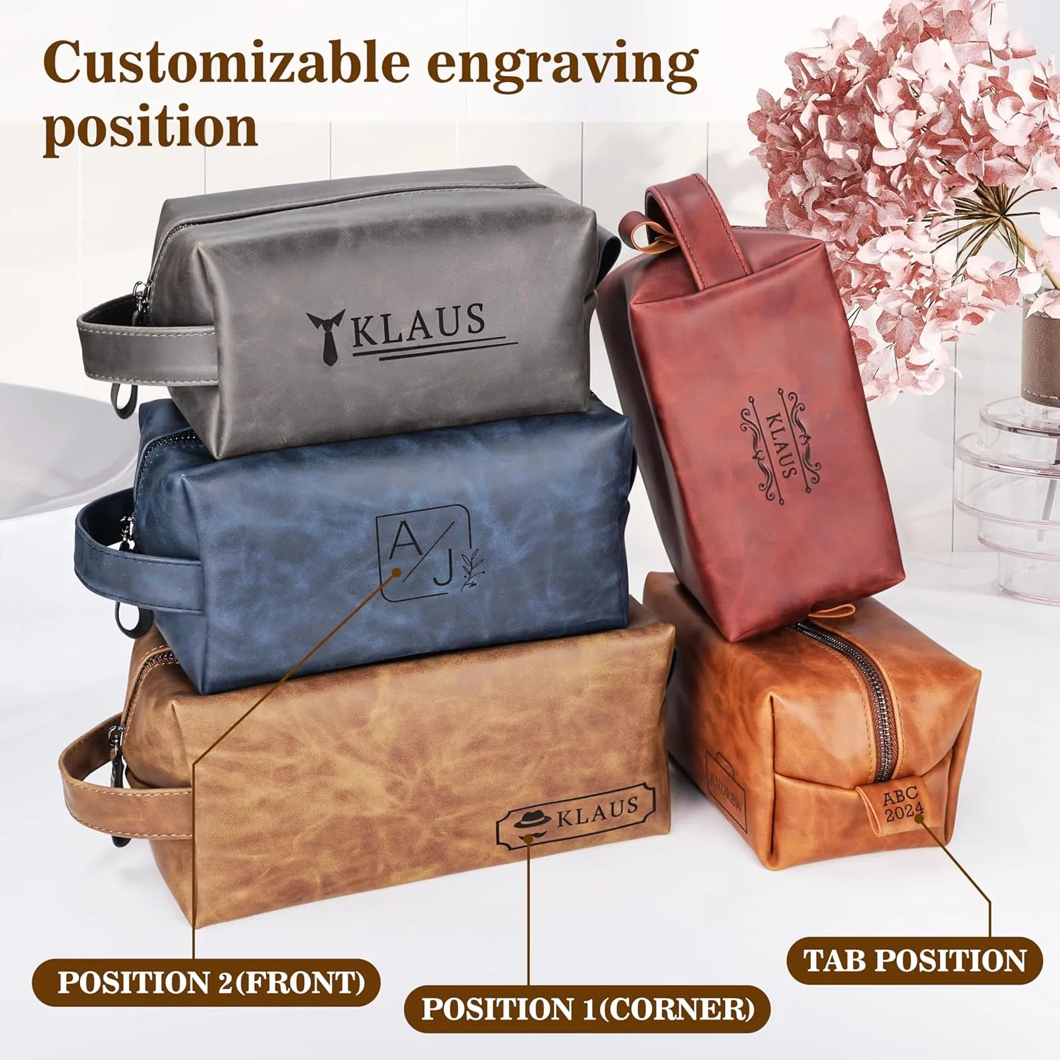 Personalized Leather Toiletry Bag for Men,Personalized with Laser Engraved Monogram,Premium Leather Dopp Kit,Travel Toiletry Bag – Gift for Men（DBrown L