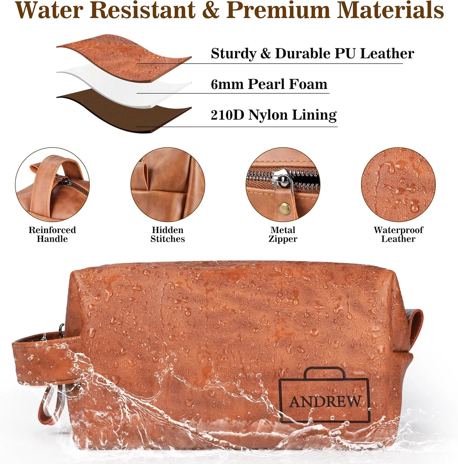Personalized Leather Toiletry Bag for Men,Personalized with Laser Engraved Monogram,Premium Leather Dopp Kit,Travel Toiletry Bag – Gift for Men（DBrown L