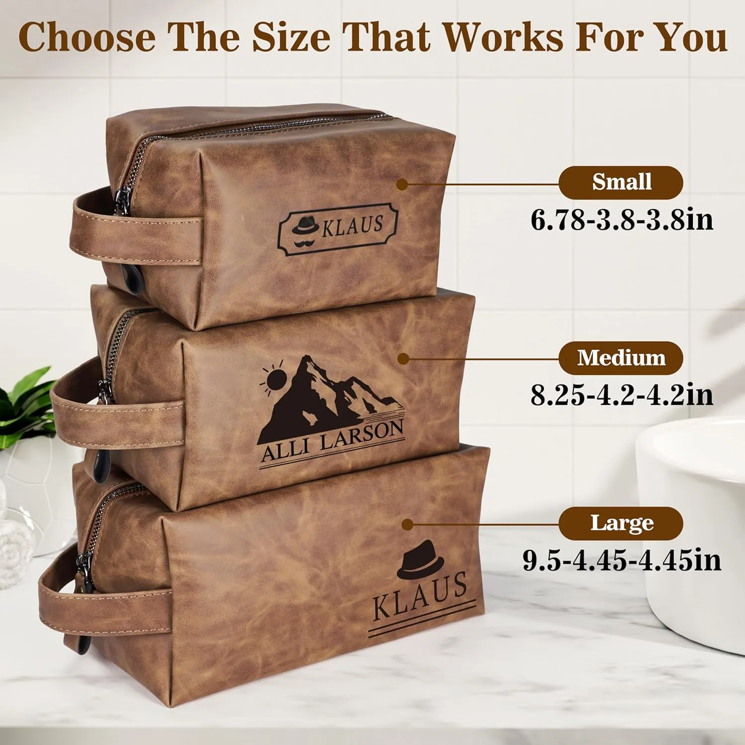 Personalized Leather Toiletry Bag for Men,Personalized with Laser Engraved Monogram,Premium Leather Dopp Kit,Travel Toiletry Bag – Gift for Men（DBrown L