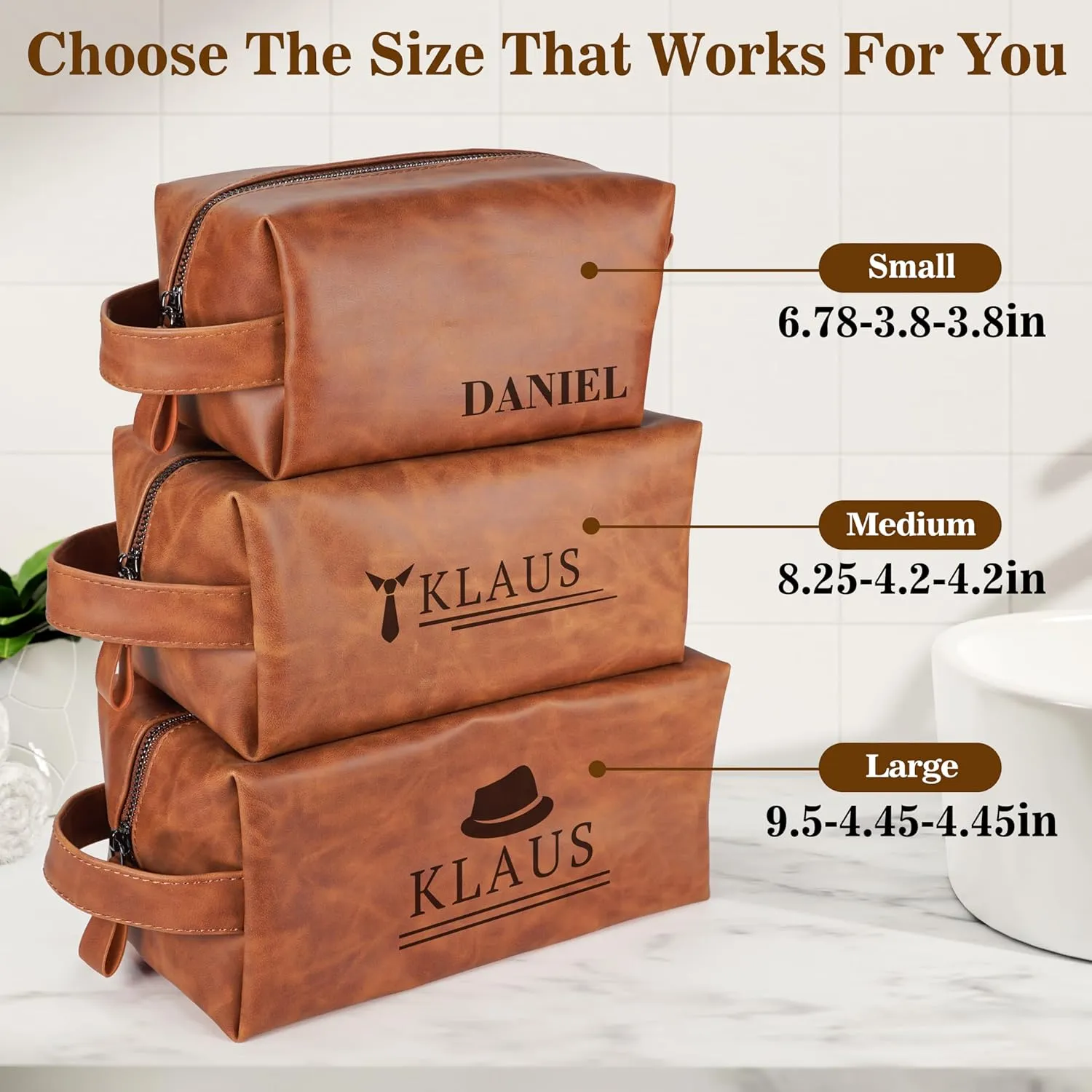 Personalized Leather Toiletry Bag for Men,Personalized with Laser Engraved Monogram,Premium Leather Dopp Kit,Travel Toiletry Bag – Gift for Men（Rawhide L