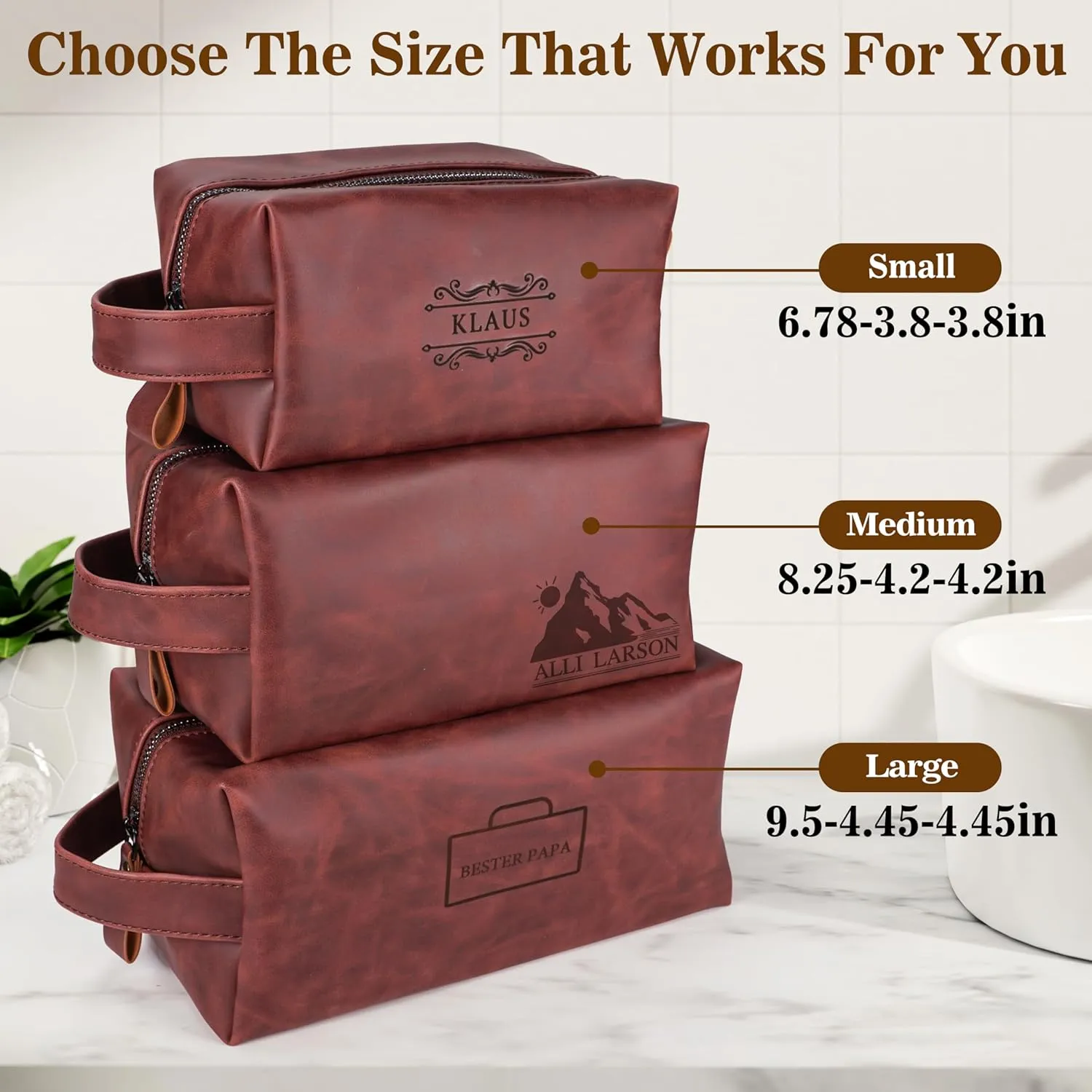 Personalized Leather Toiletry Bag for Men,Personalized with Laser Engraved Monogram,Premium Leather Dopp Kit,Travel Toiletry Bag – Gift for Men（Red L