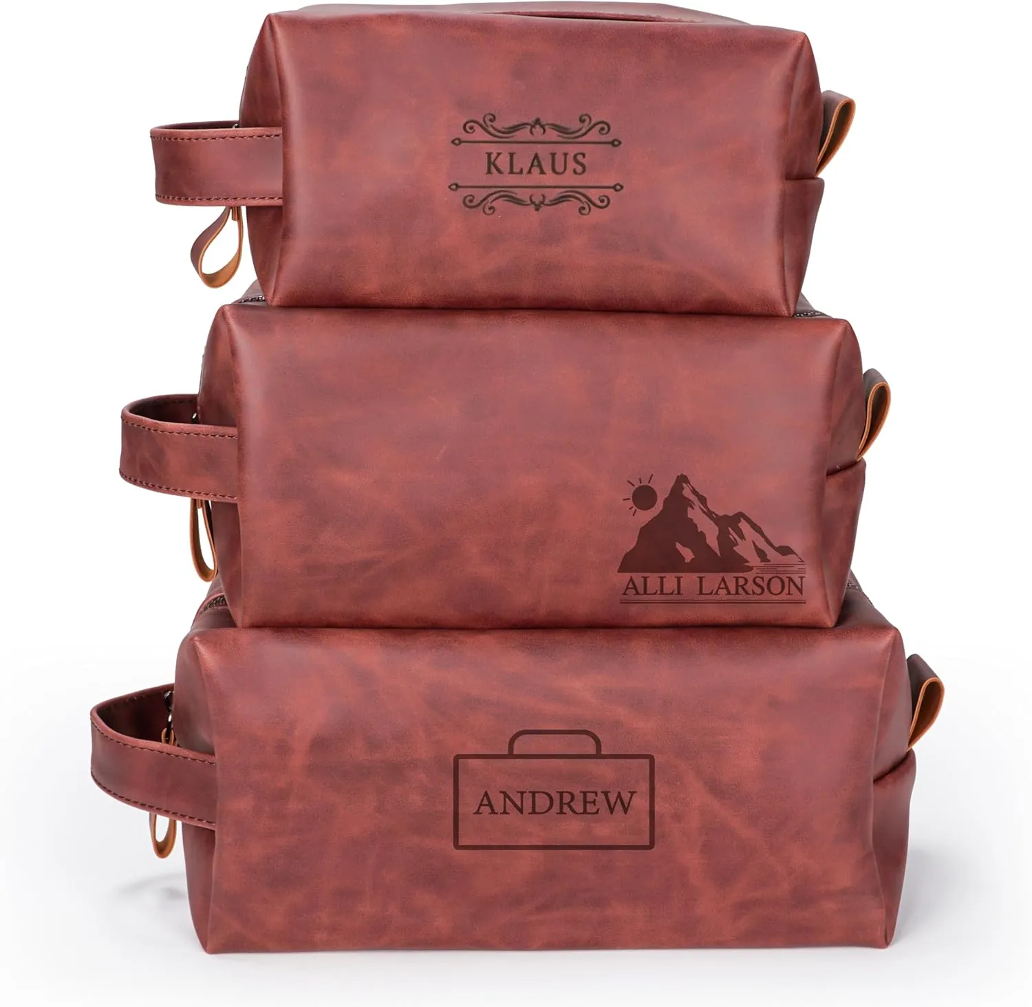 Personalized Leather Toiletry Bag for Men,Personalized with Laser Engraved Monogram,Premium Leather Dopp Kit,Travel Toiletry Bag – Gift for Men（Red L
