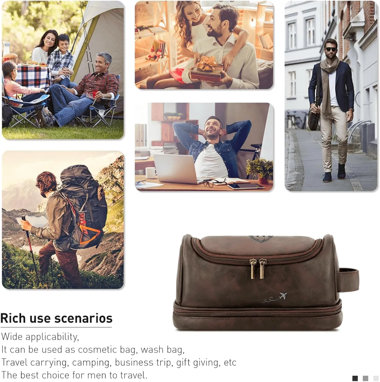 Personalized Leather Toiletry Bag with Hook Custom Large Capacity PU Leather Dopp Kit Handcrafted Travel Bag For Husband Boyfriend Dad Birthday Anniversary Wedding Groomsmen Gifts