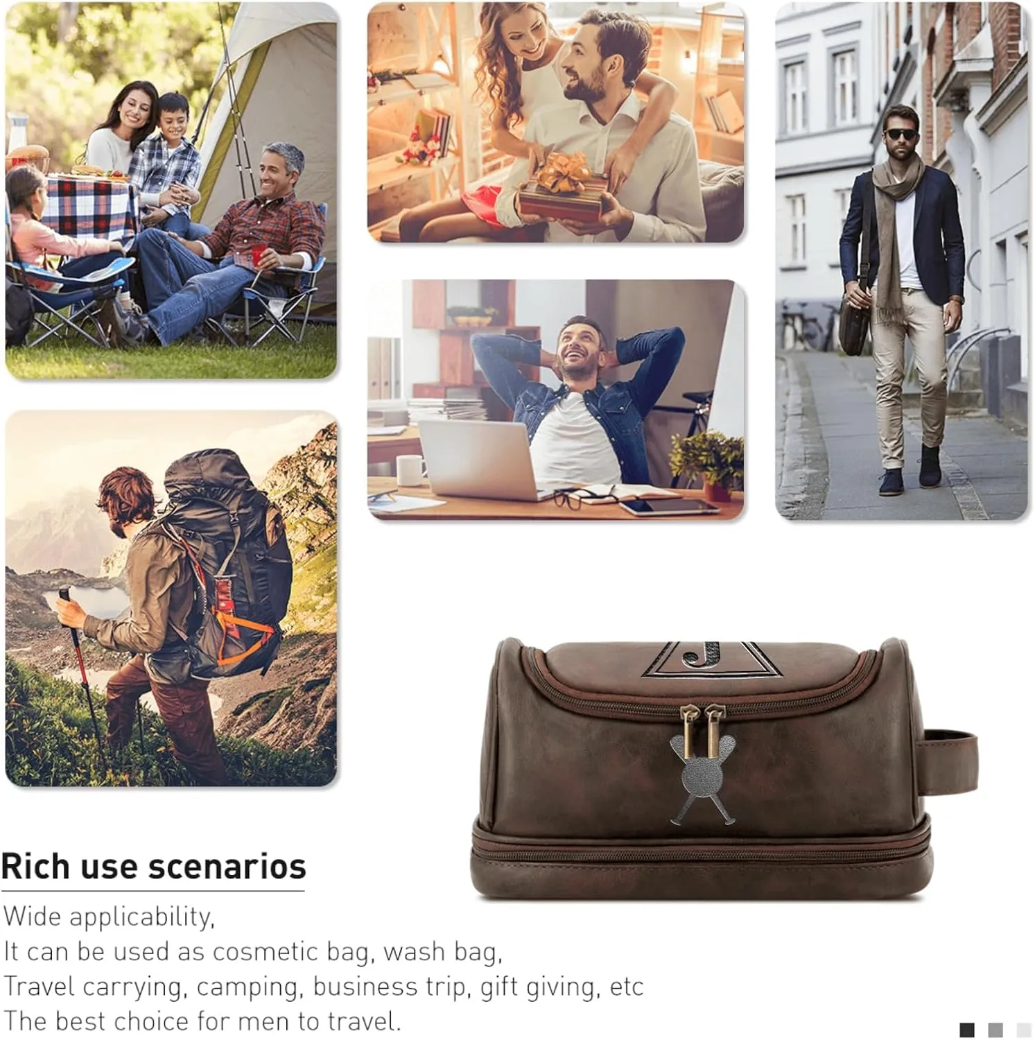 Personalized Leather Toiletry Bag with Hook Custom Large Capacity PU Leather Dopp Kit Handcrafted Travel Bag For Husband Boyfriend Dad Birthday Anniversary Wedding Groomsmen Gifts