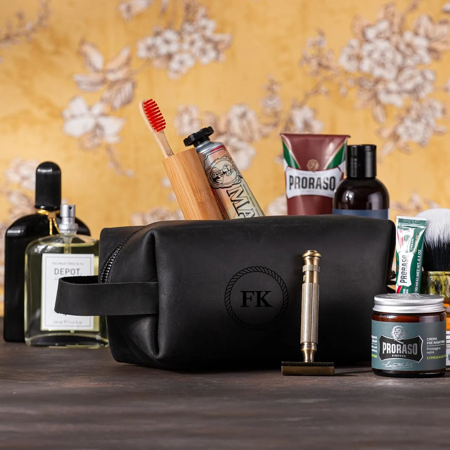 Personalized Premium Genuine Leather Dopp Kit for Men - Handcrafted Toiletry Travel Bag with Monogram Option - Gift for Groomsmen, Father's Day, Anniversary, Wedding Gift for Groomsmen - Black
