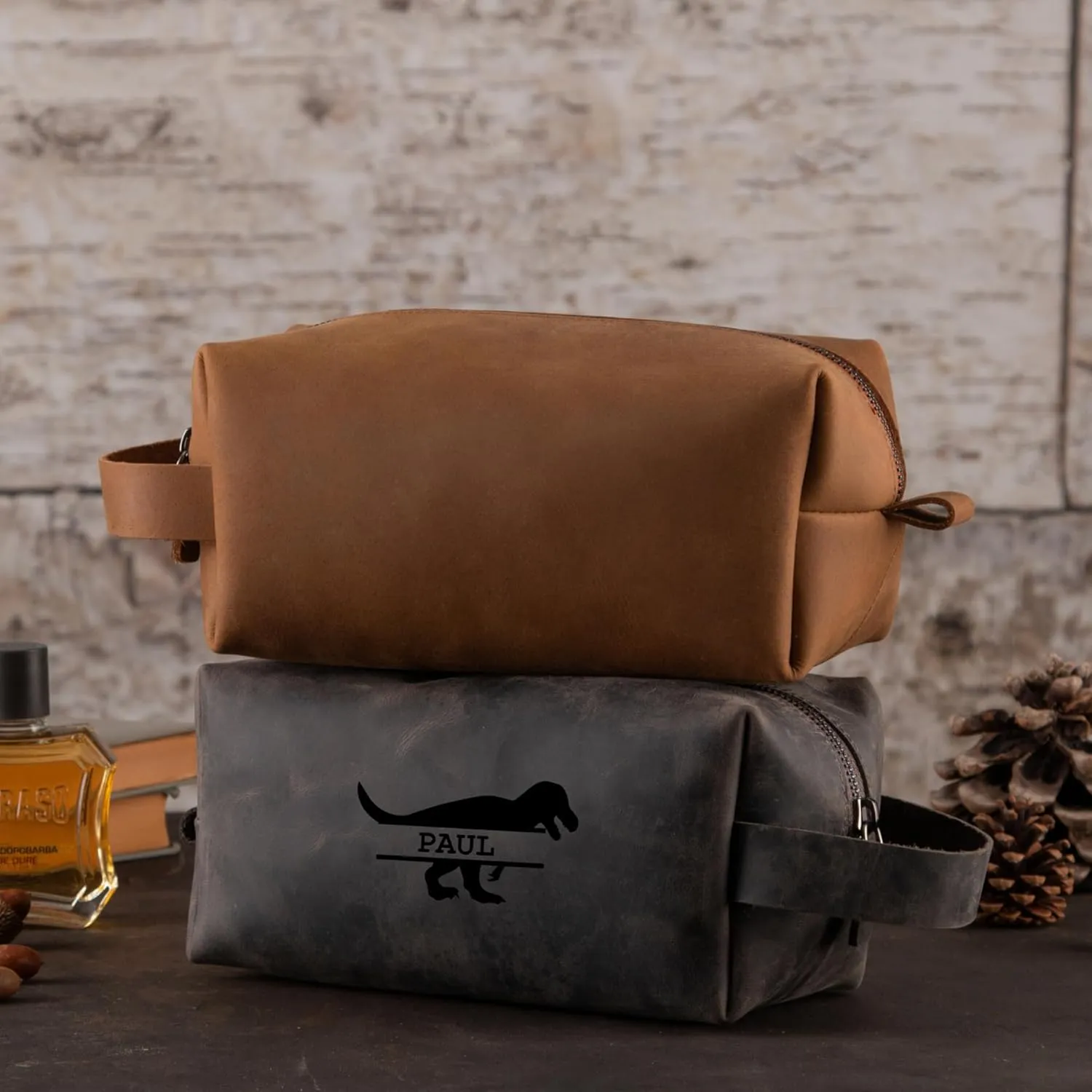 Personalized Premium Genuine Leather Dopp Kit for Men - Handcrafted Toiletry Travel Bag with Monogram Option - Gift for Groomsmen, Father's Day, Anniversary, Wedding Gift for Groomsmen - Gray