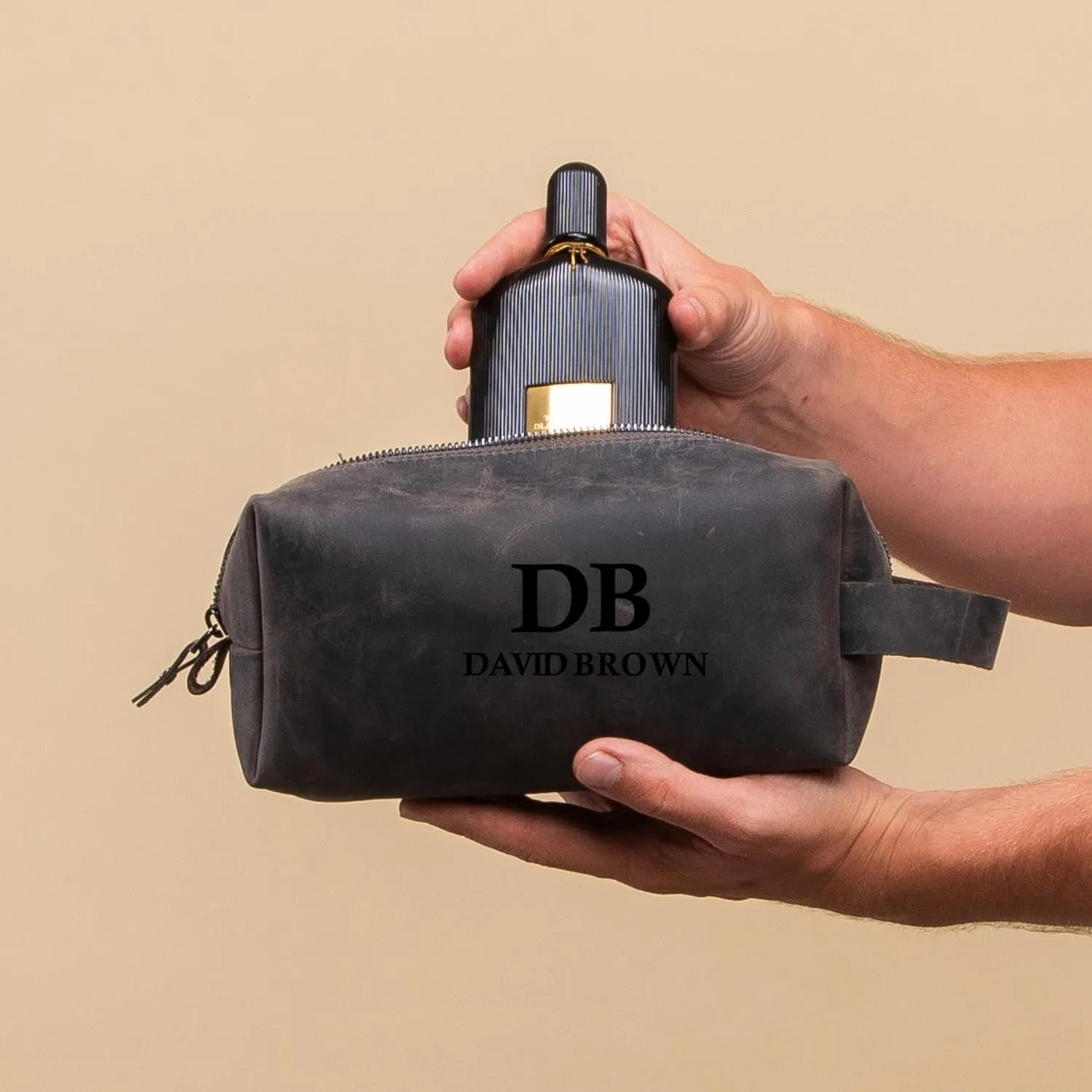 Personalized Premium Genuine Leather Dopp Kit for Men - Handcrafted Toiletry Travel Bag with Monogram Option - Gift for Groomsmen, Father's Day, Anniversary, Wedding Gift for Groomsmen - Gray
