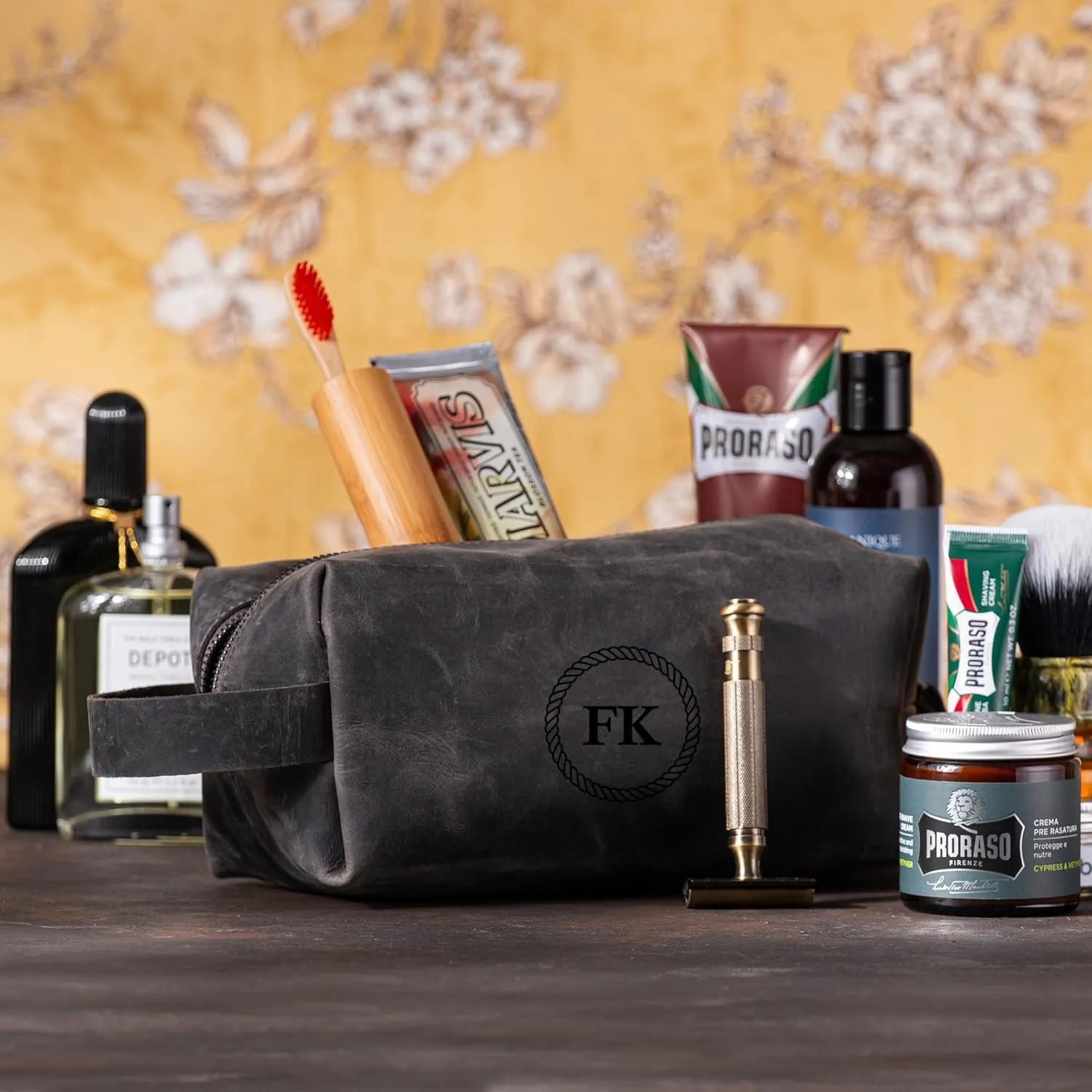 Personalized Premium Genuine Leather Dopp Kit for Men - Handcrafted Toiletry Travel Bag with Monogram Option - Gift for Groomsmen, Father's Day, Anniversary, Wedding Gift for Groomsmen - Gray