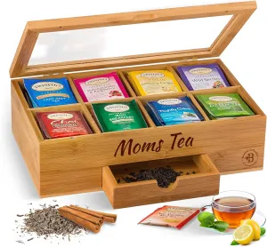 Personalized Tea Box with Custom Engraving - Bamboo Tea Bag Organizer with 8 Compartments, Acrylic Lid - Unique Mother’s Day Gifts for Mom, Grandma, Wife - Gift Idea for Tea Lovers (Tea Not Included)