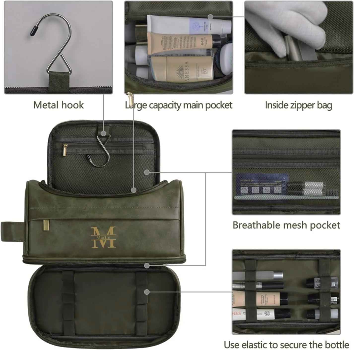 Personalized Toiletry Bag for Men and Women Leather Toiletry Organizer Shaving Dopp Kit Travel Bathroom Bag Cosmetic Pouch