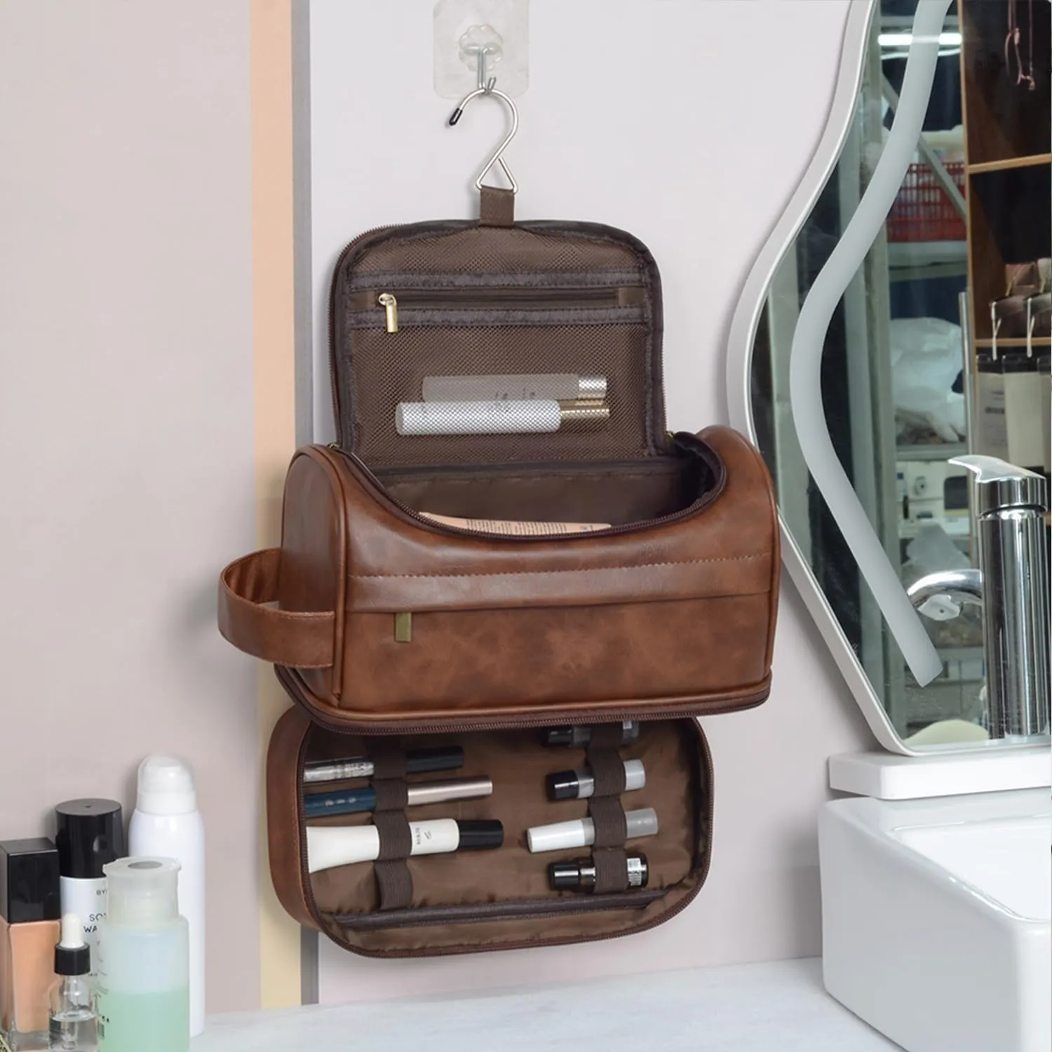 Personalized Toiletry Bag for Men and Women Leather Toiletry Organizer Shaving Dopp Kit Travel Bathroom Bag Cosmetic Pouch（ReddishBrown）