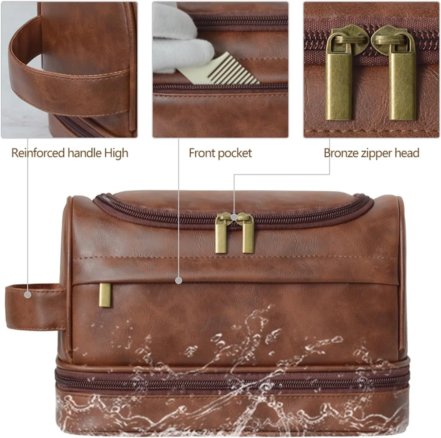 Personalized Toiletry Bag for Men and Women Leather Toiletry Organizer Shaving Dopp Kit Travel Bathroom Bag Cosmetic Pouch（ReddishBrown）