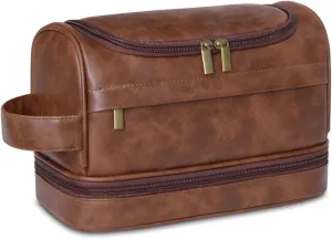 Personalized Toiletry Bag for Men and Women Leather Toiletry Organizer Shaving Dopp Kit Travel Bathroom Bag Cosmetic Pouch（ReddishBrown）