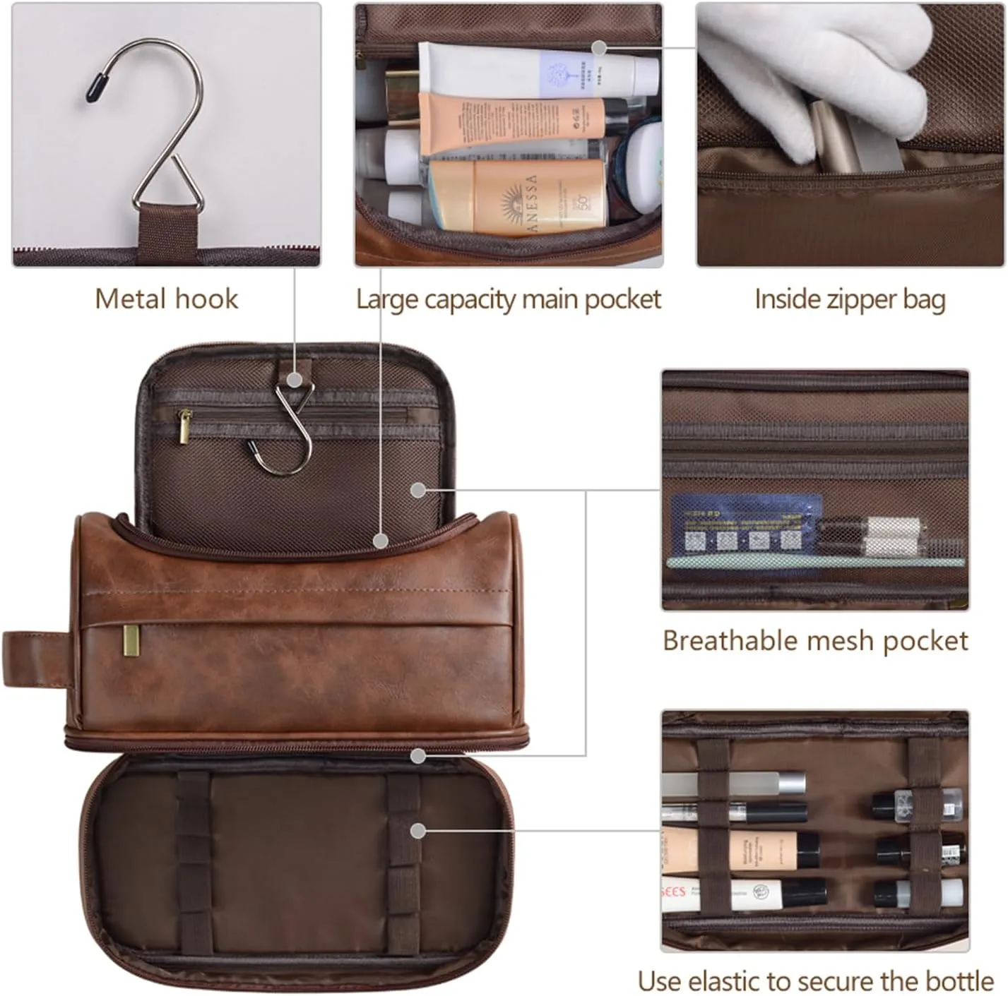 Personalized Toiletry Bag for Men and Women Leather Toiletry Organizer Shaving Dopp Kit Travel Bathroom Bag Cosmetic Pouch（ReddishBrown）