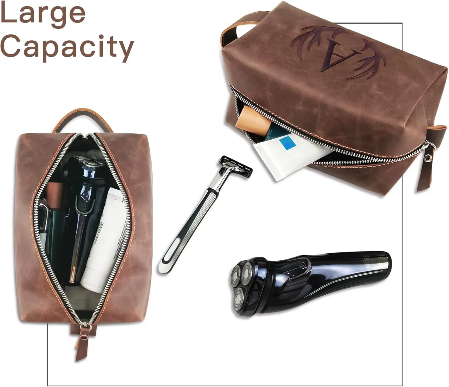Personalized Toiletry Bag for Men Engraved Initial Cool Gifts for Dad Husband Boyfriend Grandpa Son PU Leather Waterproof Shaving Bag for Toiletries Accessories Travel Essentials (A)