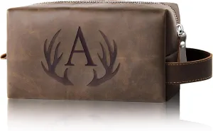Personalized Toiletry Bag for Men Engraved Initial Cool Gifts for Dad Husband Boyfriend Grandpa Son PU Leather Waterproof Shaving Bag for Toiletries Accessories Travel Essentials (A)
