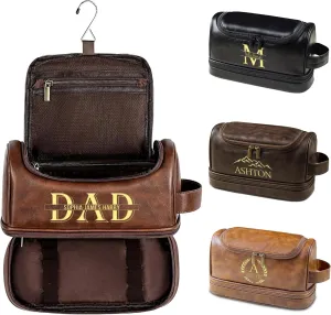Personalized Toiletry Bag for Men, Gifts for Men Fathers Day Dad Gifts, Custom Engraved Leather Kit Gift for Dad, Husband, Grandpa, Mens Travel Gift, Waterproof Shaving Travel Kit