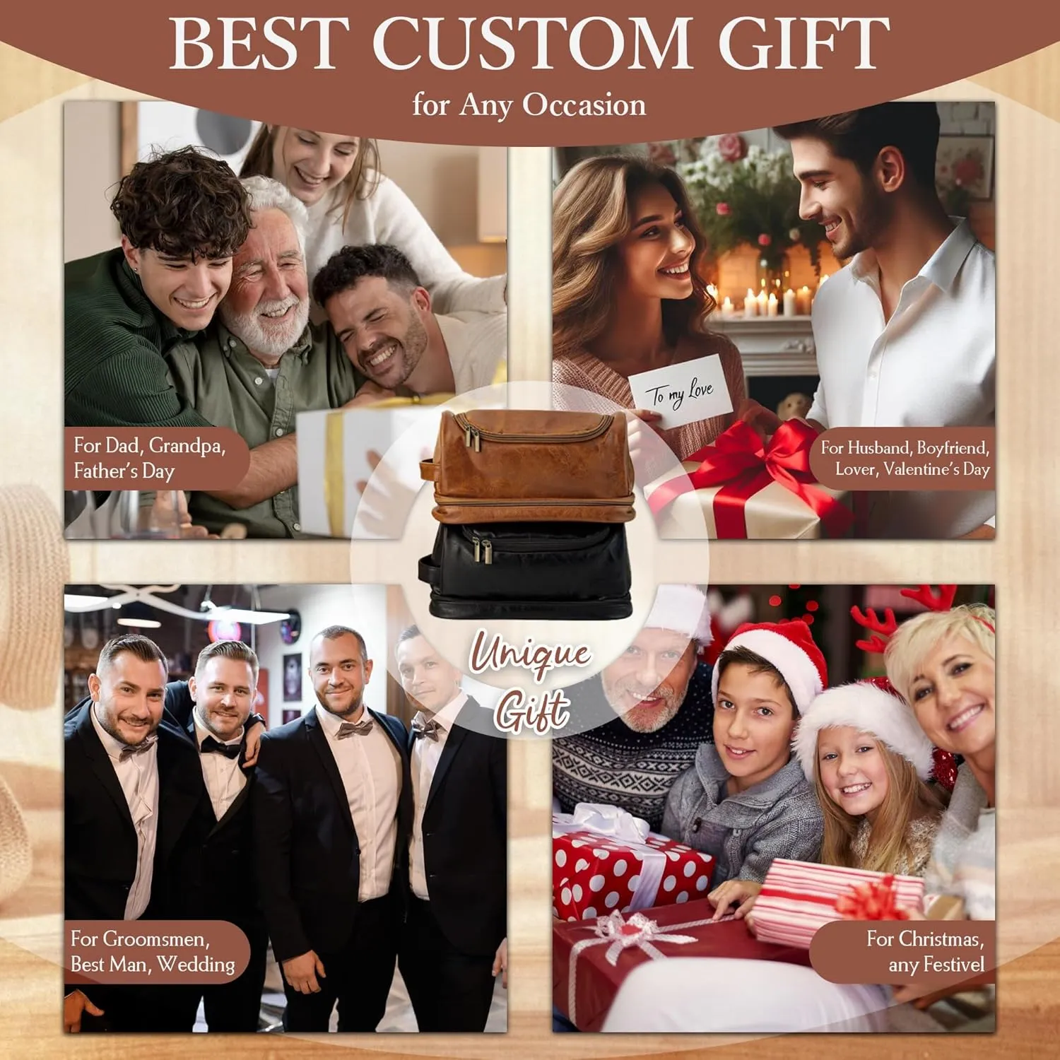 Personalized Toiletry Bag for Men, Gifts for Men Fathers Day Dad Gifts, Custom Engraved Leather Kit Gift for Dad, Husband, Grandpa, Mens Travel Gift, Waterproof Shaving Travel Kit