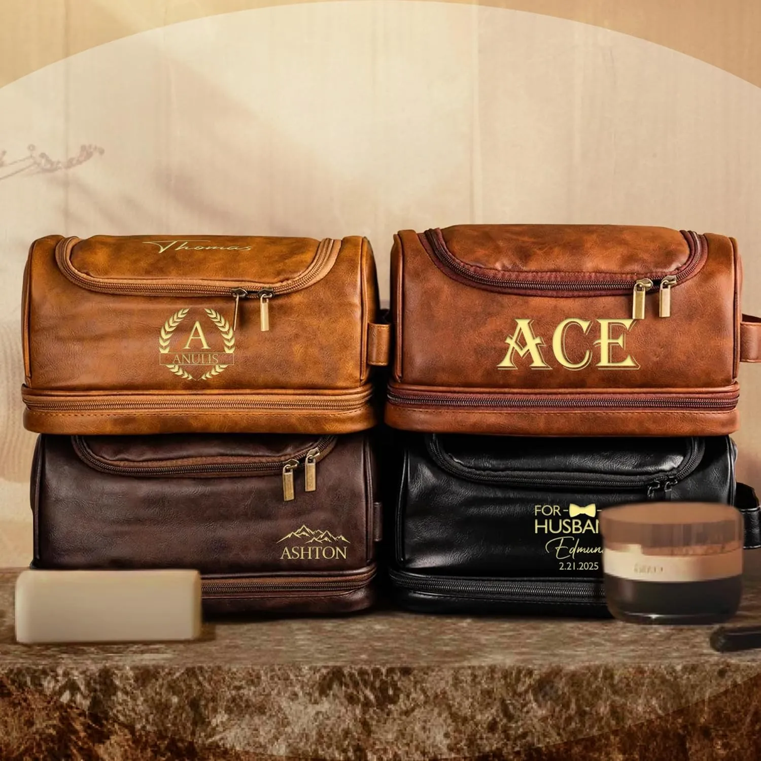 Personalized Toiletry Bag for Men, Gifts for Men Fathers Day Dad Gifts, Custom Engraved Leather Kit Gift for Dad, Husband, Grandpa, Mens Travel Gift, Waterproof Shaving Travel Kit