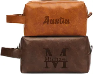 Personalized Toiletry Bag For Men, PU Leather Custom Travel Bag Laser Engraved Name Initials Mens Toiletry Bag Unique Gift For Husband Boyfriend Dad Birthday Anniversary Wedding Groomsmen Gifts