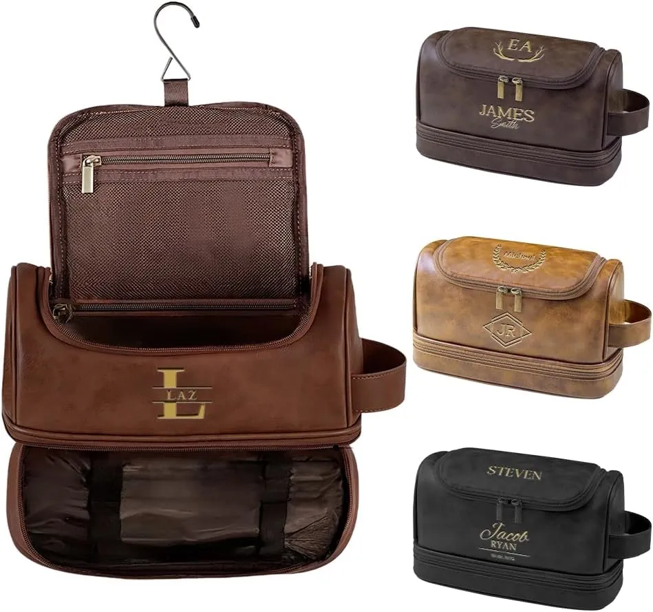 Personalized Toiletry Bag for Men PU Leather Men's Toiletry Bag for Traveling, Father's Day Gifts for Men, Dad, Engraved with Pattern & Text, Gift for Christmas, Birthday, Husband, Grandpa, Lover