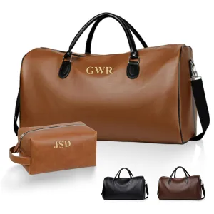 Personalized Travel Luggag Bag 2Pcs Set for Men, PU Leather Duffle Bag with Toiletry Bag, Weekender Travel Bag, Large Travel Bag, Holdall Bag, Leather Gym Bag, Gifts for Men, Dad, Husband, Groomsmen