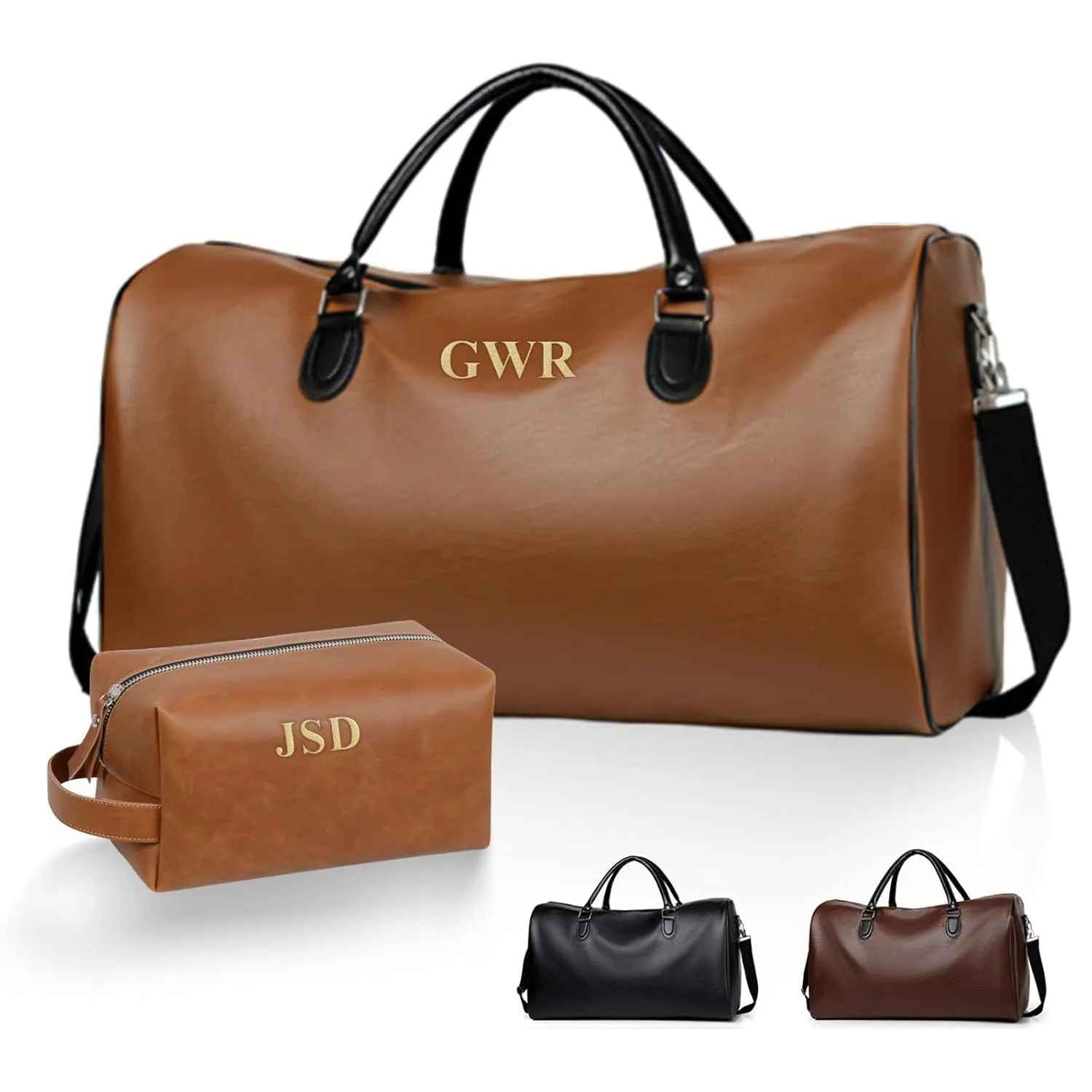 Personalized Travel Luggag Bag 2Pcs Set for Men, PU Leather Duffle Bag with Toiletry Bag, Weekender Travel Bag, Large Travel Bag, Holdall Bag, Leather Gym Bag, Gifts for Men, Dad, Husband, Groomsmen