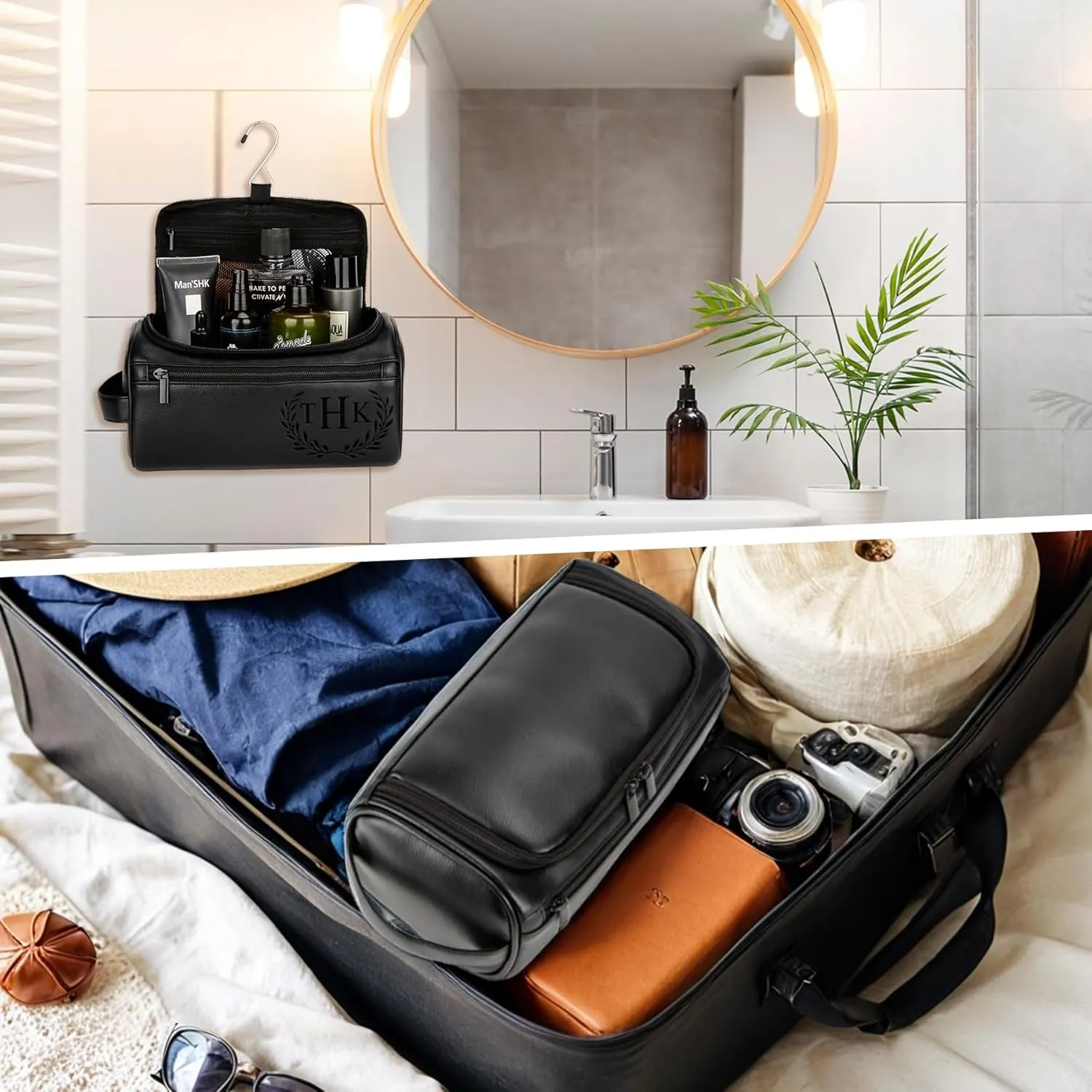 Personalized Travel Toiletry Bag - Double Layer Reinforced Handle,Smooth Brass Zipper Hanging Dopp Kit,3 Compartments,Travel Accessories,Mens Gifts