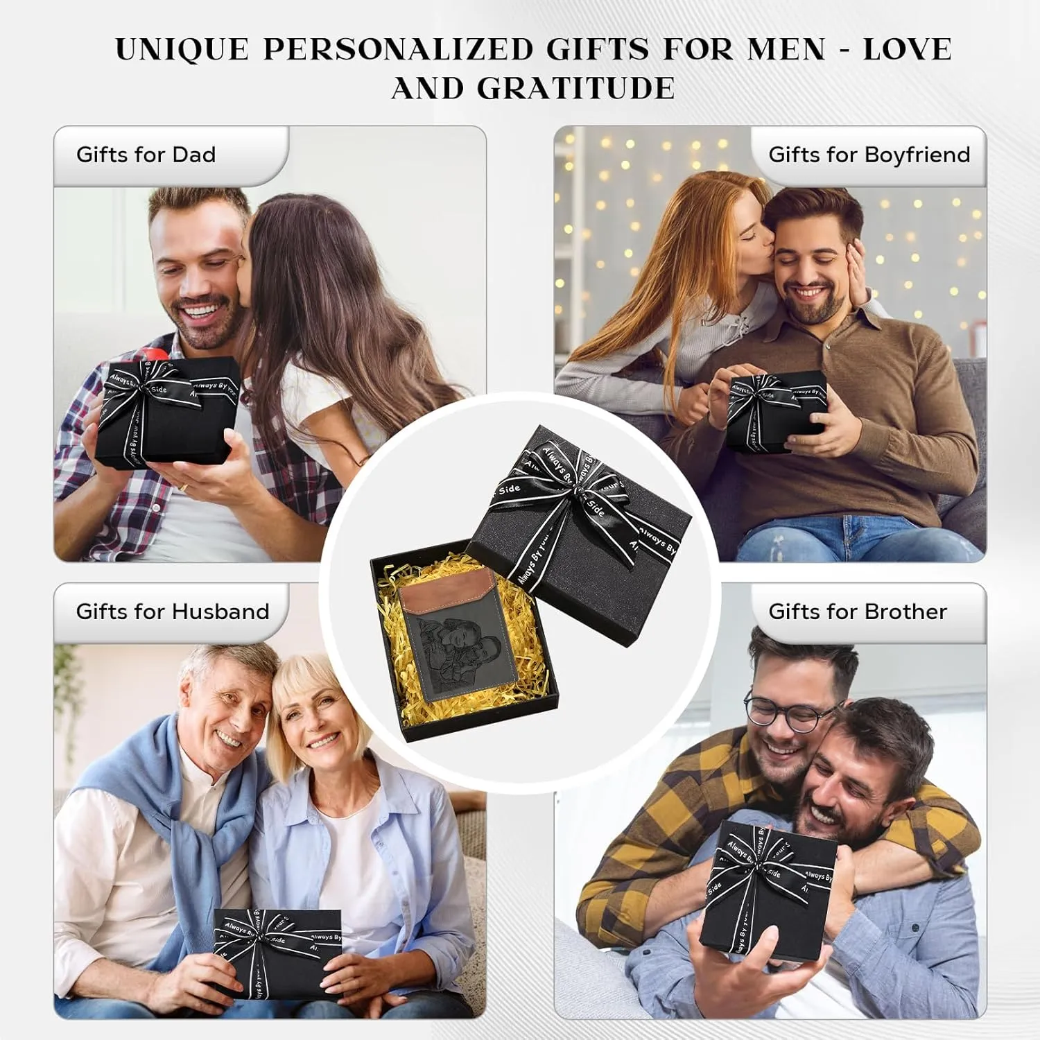 Personalized Wallet for Men – Custom Engraved Leather Wallet with NFC Smart Album – Store Photos & Engrave Name/Text – Unique Gift for Husband, Boyfriend, Dad (Black Grey)