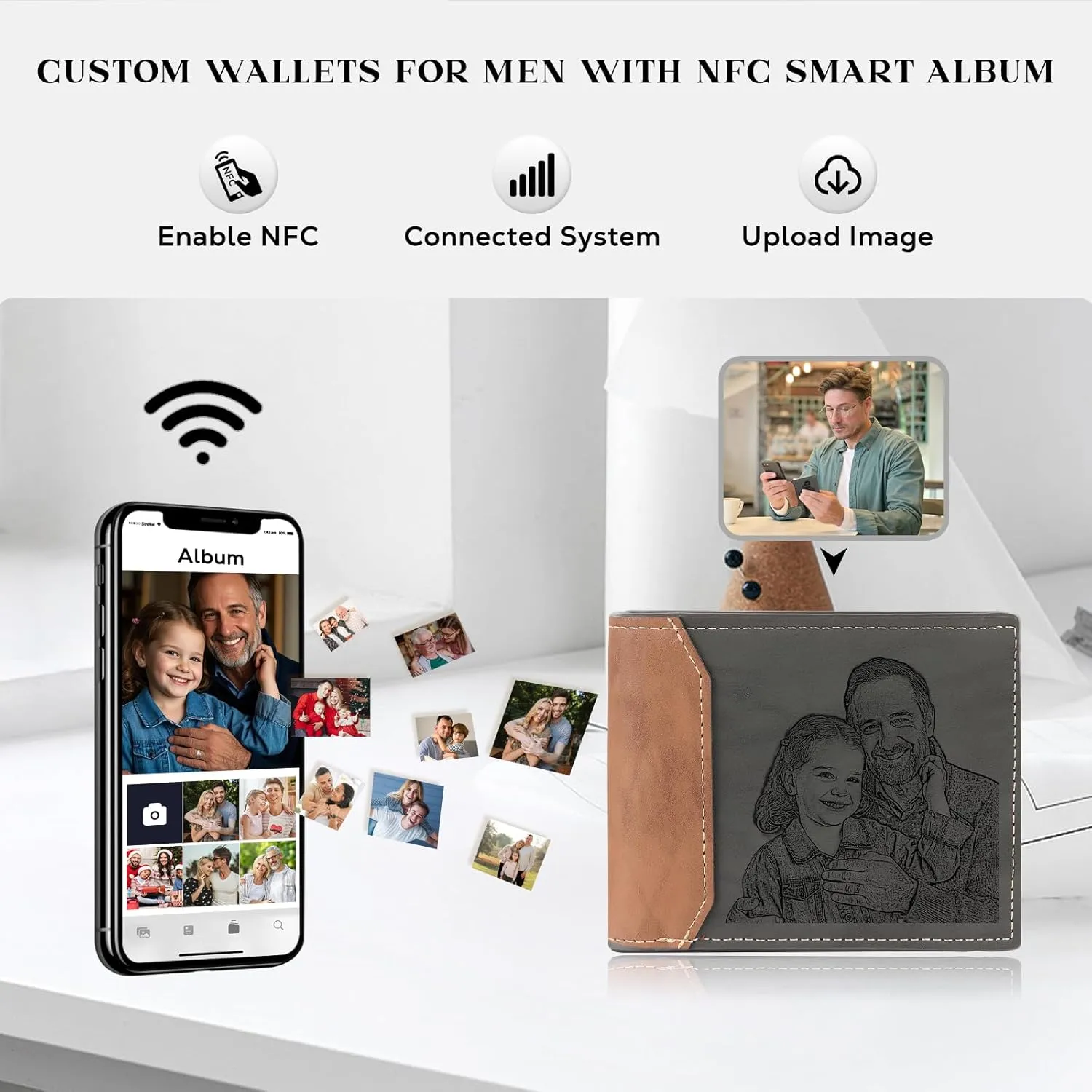 Personalized Wallet for Men – Custom Engraved Leather Wallet with NFC Smart Album – Store Photos & Engrave Name/Text – Unique Gift for Husband, Boyfriend, Dad (Black Grey)